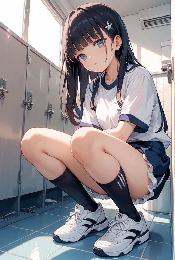 ((open legs))、(get your knees up:1.5)、Cross-legged、floorにsit女の子、Cross-leggedをかいてsit女の子、physical education sitting、sit、floor、gym storeroom, 