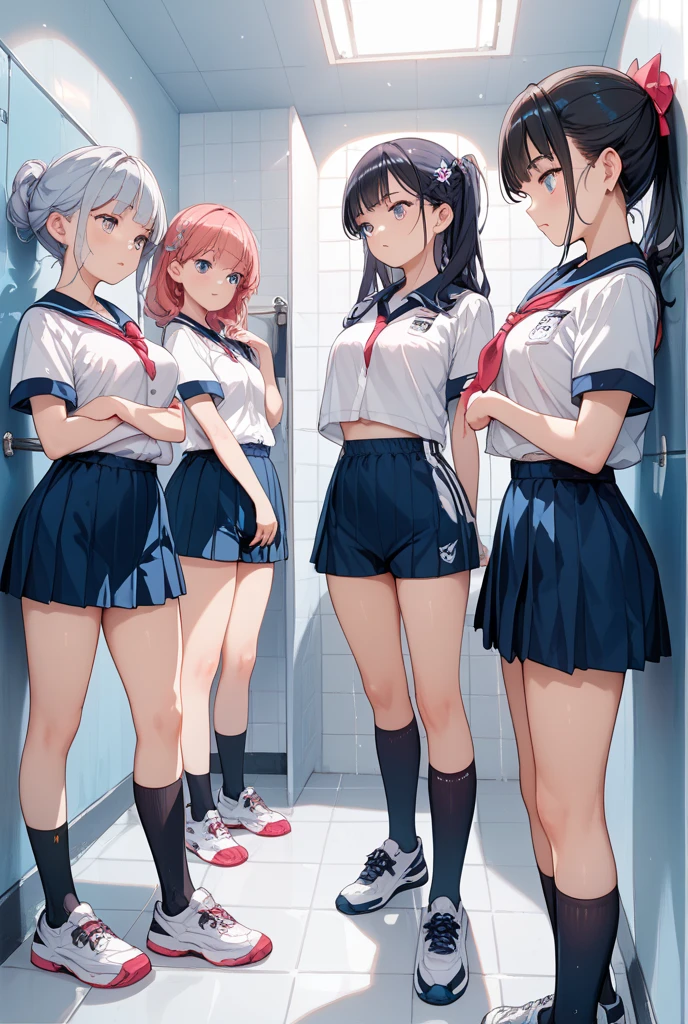 (masuter piece、hightquality)、multipel Girls、hi-school girl、Locker room in the gymnasium、(white panties)、white t-shirts、(Group Selfies)、Enamel gloves、Pink enamel gloves、Pink enamel gloves、Pink long rubber gloves、Glossy pink gloves、whole body soaked、long boots、boot、Nasty face、Bully、cleaning、Gloves are sticky、Getting wet with white liquid