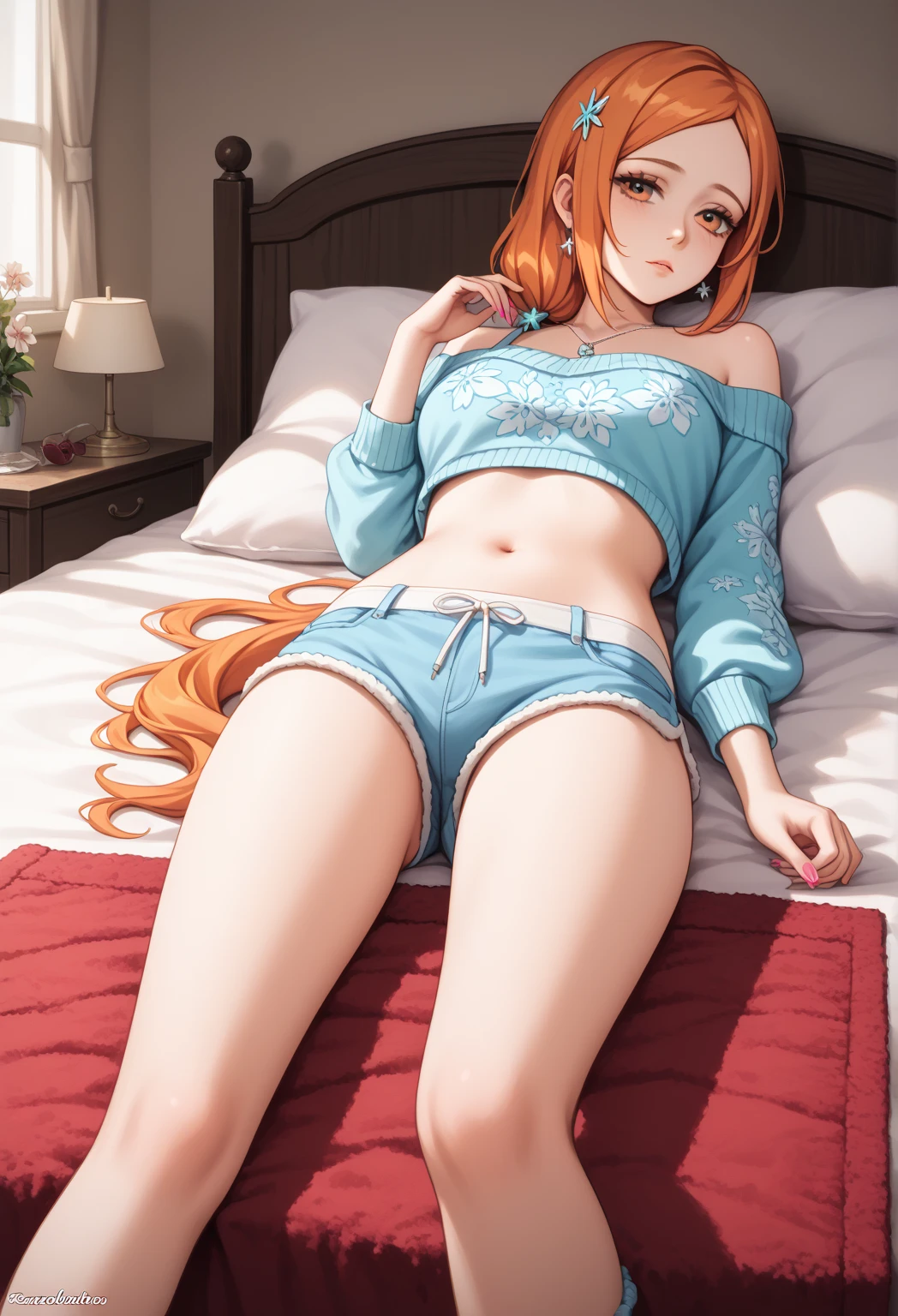 Draw Cassye Sandler, an anime-style female character with lung-length orange hair, thin orange eyebrows, and blue eyes. small breasts, thin waist, big perky ass, thick thighs. She is wearing white panties and a loose top. lying on the living room sofa with her legs open. Front view with a bottom-up perspective.