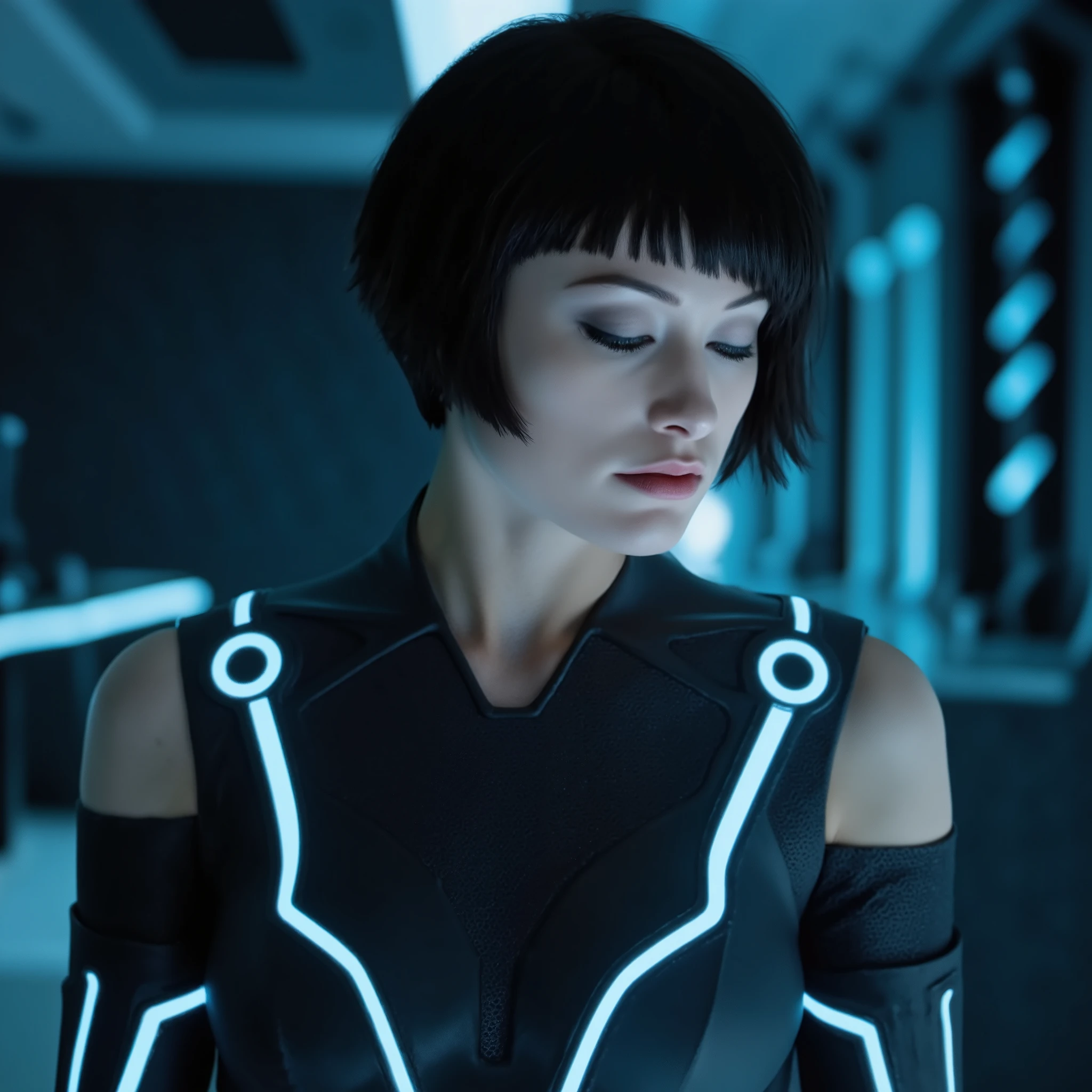 quorra - tron legacy, upper body, a woman with black short hair, she wears nothing but a black bra, black bra, her eyes are closed, closed eyes, cyberpunk city