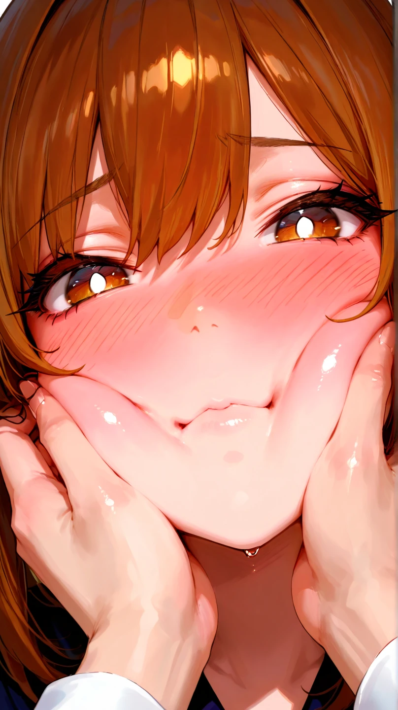 on the bed, rating_explicit, uncensored, source_anime, detailed eyes, Nausicaa, red hair, large breasts, round ass, nude, pov, looking at viewer, face grab, blush, (open mouth), (tongue out), cum, cum in mouth, 1boy, pov, solo focus