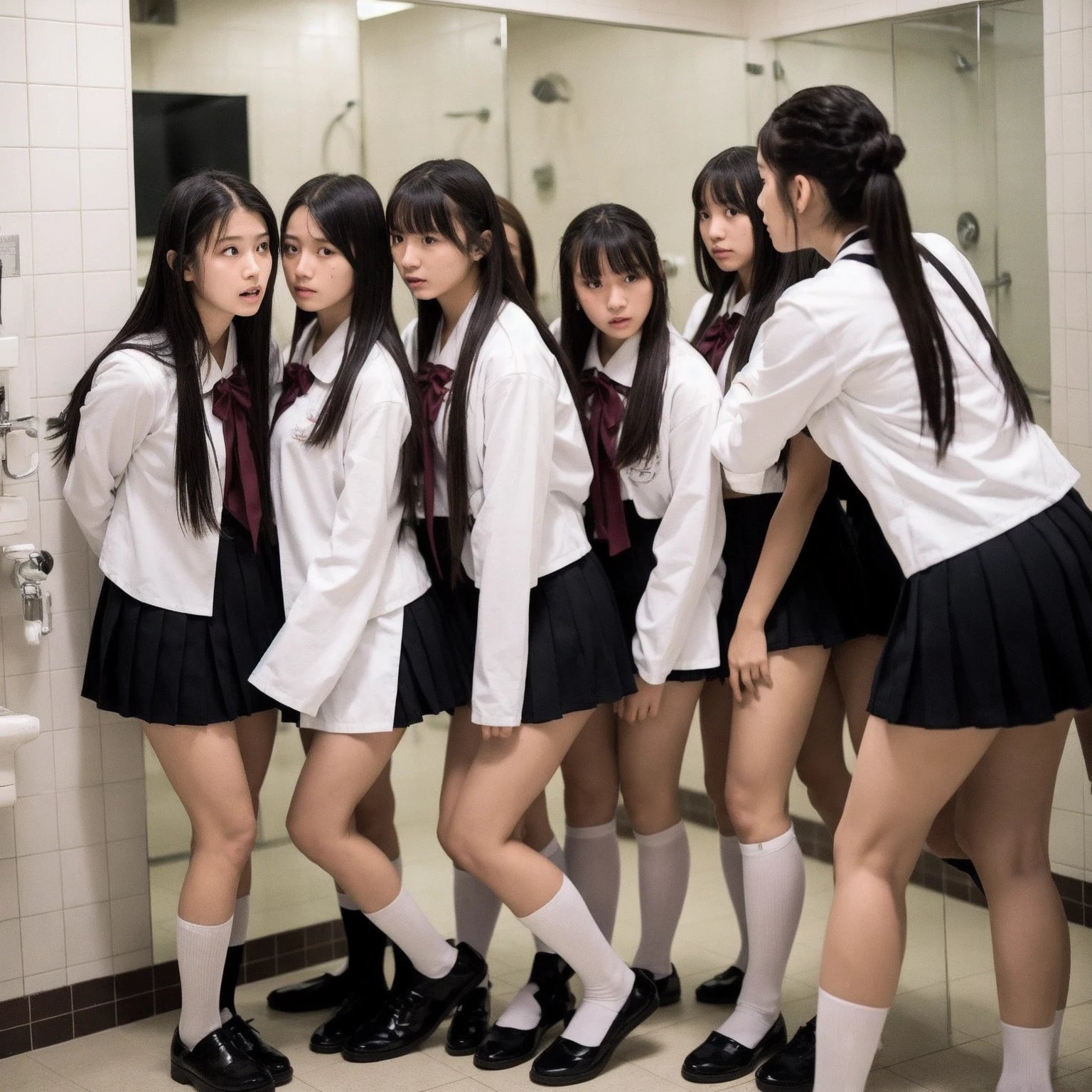 high quality, masterpiece, Very detailed, 8K, Three beautiful 18 year old Japanese women:1.5, Small face, Black Hair, Breast Augmentation Surgery, (Detailed High School Uniforms:1.5), remote_play, remote_shake、 (climax:1.5)、 Squat、 Spread your legs、 Flip up the skirt