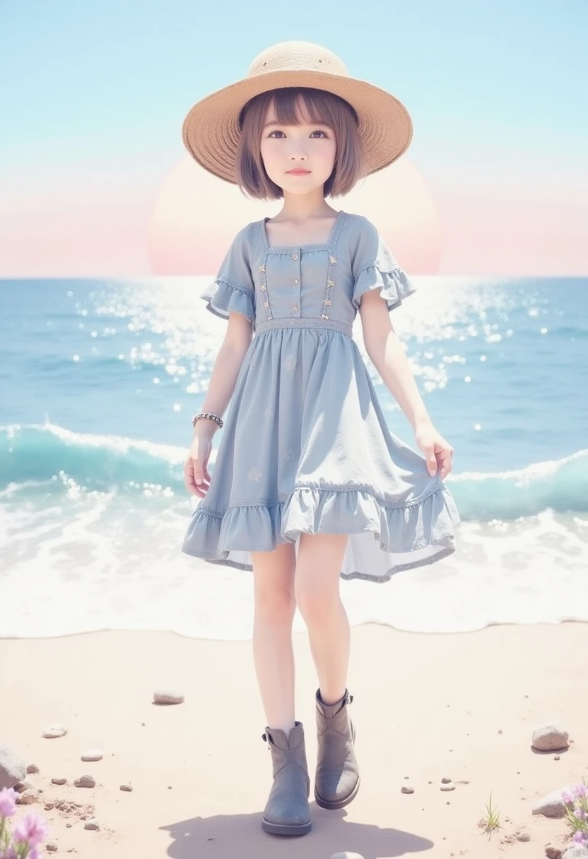 A young girl stands by the sea,Slightly shy,black color hair,Ball head,Holding a balloon in one hand,black color dress,The background is the waves,8k