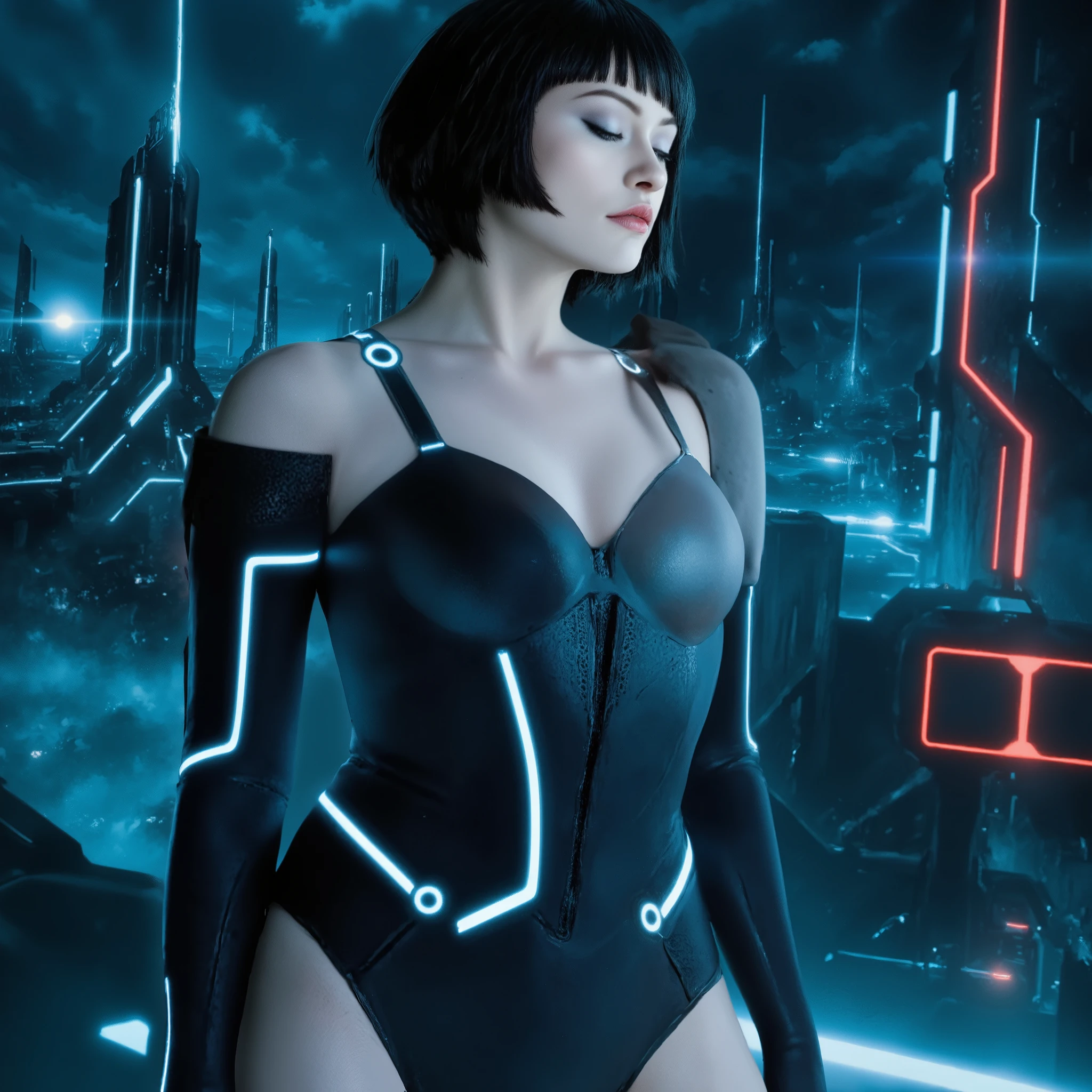 score_9, score_8_up, score_7_up, score_6_up, score_5_up, score_4_up, masterpiece, best quality, amazing quality, very aesthetic, absurdres, newest, quorra - tron legacy, upper body, a woman with black short hair, she wears nothing but a black bra, black bra, wearing a shinestrap bombshell bra accentuating her cleavage and large breasts, her eyes are closed, closed eyes, drooling, drooling from mouth, standing, asleep, asleep while standing, cyberpunk city