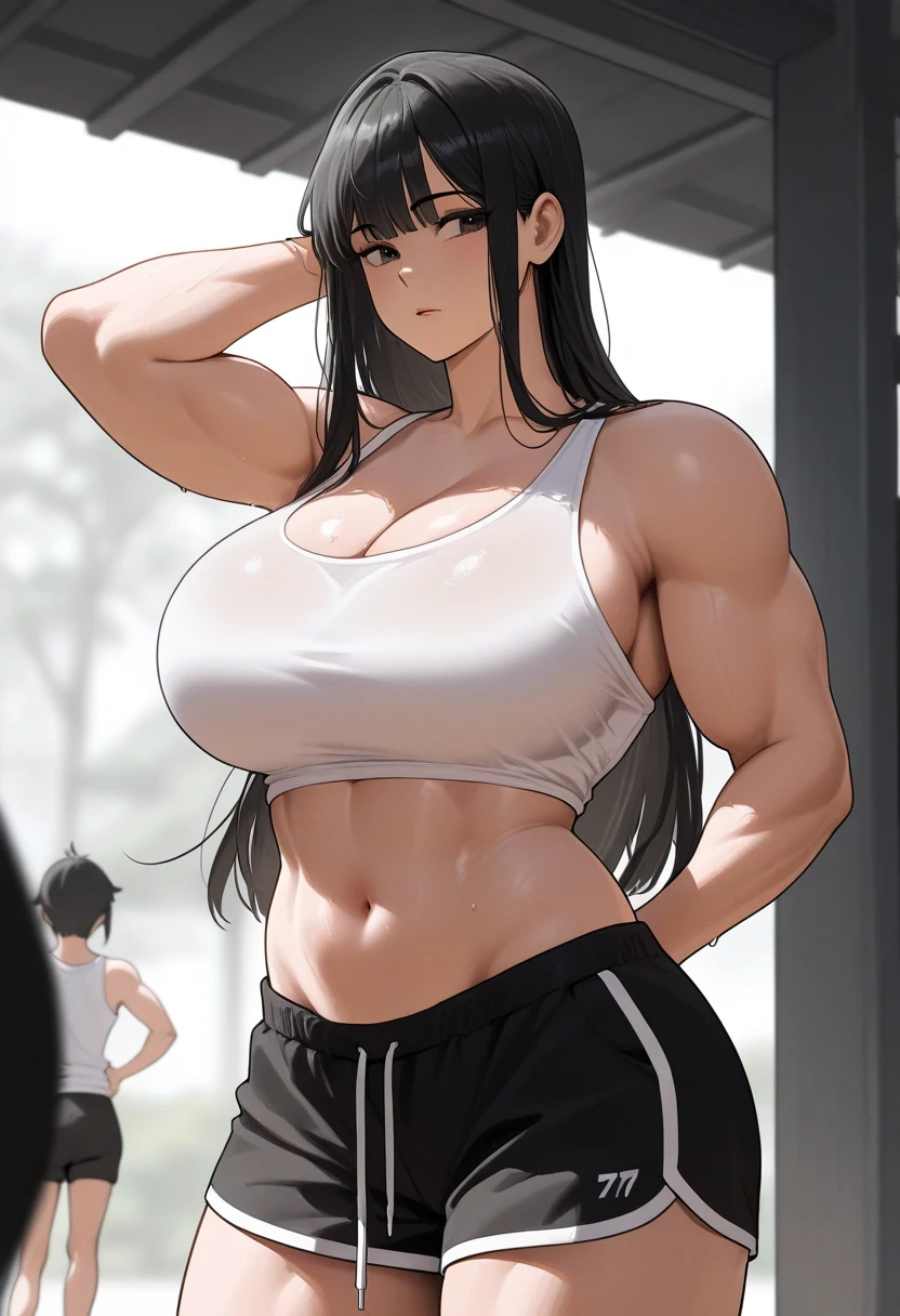 Woman in black bikini and small man in white shirt, weak and small man, thin and small physique, Very beauthful. , ,weak and defenseless man, small physique, , muscular ultraviolent woman, muscular and scary, absurdly huge physique, big muscles, extremely muscular woman,
