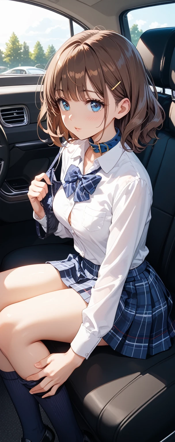 top-quality、Super Detail、front of view、、((wearing school uniform)),(detailed panties showing)),((detailed bra showing)),、You can see up to the feet、skinny thigh、perfect hand、perfect foot、Perfect body、Sexy Shots, Photorealsitic, 8K、The lateral chest is visible、、Ordinary chest、Beautiful body lines、being thin、short hair、Skin revealing,,((plaid miniskirt)),,((plaid ribon,plaid bow)),in car,,,(((showing race panties))),,wavy short and Brown hair,makeup,((blazer style uniform)),,detailed panties,cute panties,(spreading legs open wide with knees bent,creating the shape of the letter M),((handjob)),grabbing penis