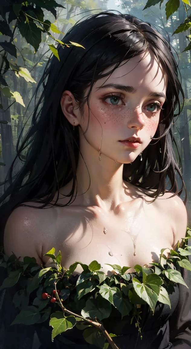 (Realistic:1.5), photo shot on Nikon D850, 16k, full body shot, masterpiece, Detailed, breathtaking, atmospheric perspective, diffusion, lifelike skin texture, 80mm Sigma f2, depth of field, film grain, (((high resolution))), (((extremely detailed))), (beautiful naked woman in prehistoric jungle), dramatic shadows, (cinematic light:1.1), (cute sexy:0.8), (freckles:0.3), detailed intricate eyes, Pleasure, dirty skin, frightened look, faded colours, depth of field, 35 mm, analog photo style, detailed jungle background, sunset, dramatic dawn, dark atmosphere, messy hair, most small details, (pale skin), hair ornament, random hair color, (wild world)