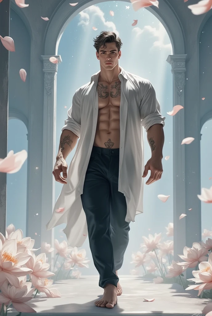 1 man, (male model) hot skin, masterpiece, best quality, most handsome man in the world, by Shen Quan, perfect body, beautiful male model, an attractive man 18-24 years old aesthetic, blossoms in spring, green fields, spring, plains, trees, flowers, blue sky, rough and handsome young man in white transparent robe, white transparent fabric, shirtless jacket shoulders, exposed chest muscles, exposed thighposed transparent white briefs)), (male focus), (smooth body)), smile, super cute, dynamic pose, cool and seductive, dramatic lighting, full body shot, full body shoot, young face, full body, body hairless, skinny tall, fit body, dominant, white or white skin, young face, firm body, hd, natural flesh tone, soft light, highly detailed, looking at the audience, photography, detailed skin, real person, realistic, photorealistic realistic, crazy detail, facial detail, hype maximization, hype surrealism, film, telephoto, lighting complex detail , Highly detailed, Highly detailed, Digital painting, artstation, concept art, smooth, sharp focus, illustration, Unreal Engine 5, 8K, art by Ross Tran and Greg Rutkowski and Alphonse Mucha, UHD, 8k, Show men only .8k Ultra HD, DSLR, dim lighting, high quality, film grain, Fujifilm XT3, male fan, 2-person, two-person model.