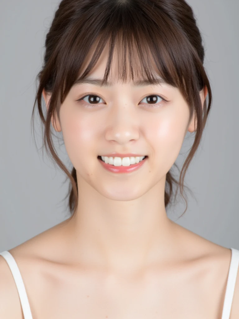 1girl, 25 years old woman, (perfectly detailed face), cute face, beautiful face, Small breasts, medium breasts, large breasts, ((looking at viewer)), smile, light smile, White skin, Simple Background, (((white background))), ((white wallpaper)), Indoor, (bright lighting:1.2), perfect lighting, photorealistic, (bokeh), UHD, anatomically correct, highres