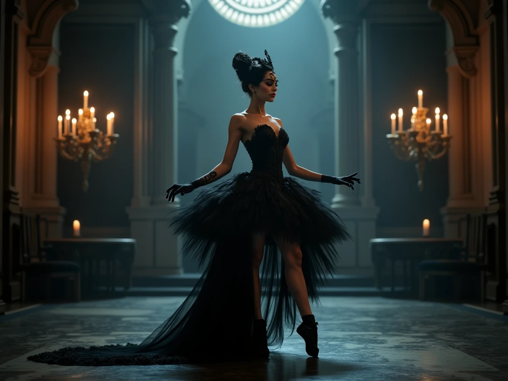 // A scene inspired by Dune: A single Nightshade Sister, dressed in tattered and torn clothing that resembles a mix of a bikini and shredded gown, is chained by her neck as she plays a grand piano in a grand, decadent chamber filled with luxurious yet sinister decor. The sister, bound and treated as a slave, performs a haunting melody while surrounded by Harkonnen men and women, all pale and dressed in dark, extravagant attire. The atmosphere is thick with eerie fascination and cruel delight, as the Harkonnen audience watches her intently. The lighting is dim, with deep shadows and flickering flames casting an ominous glow over the scene, highlighting the stark contrast between the sister's suffering and the dark, decadent surroundings.