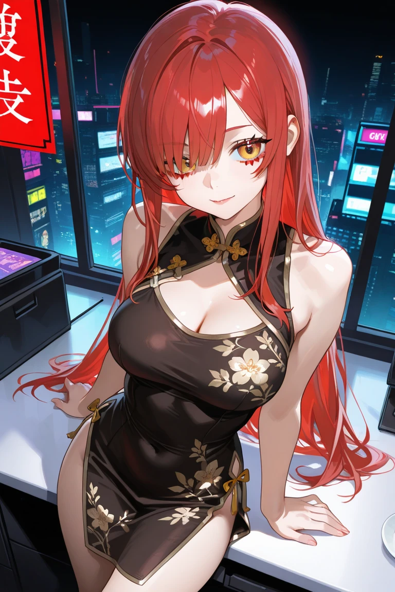 solo focus, masterpiece, 4k, best quality, highly detailed, red hair, blue eyes, large breasts, very long hair, ponytail, black halter dress, balcony, cityscape, city, lights, neon lights, smirk, moon, milkyway, <lora:right side position:1> ,