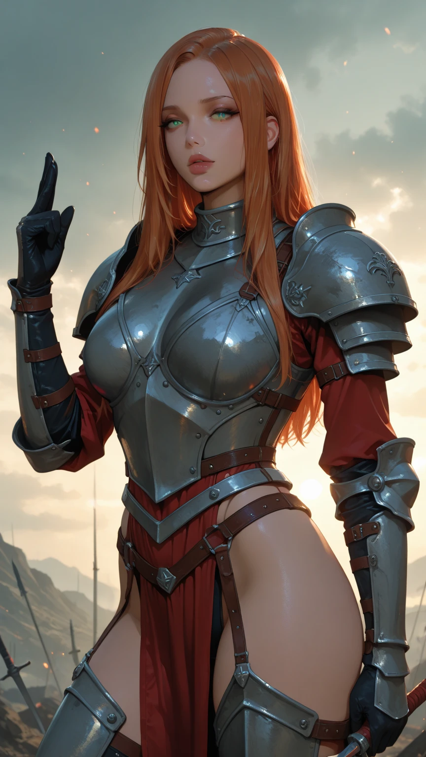 Guerreira ruiva, sentada, de pernas abertas, saia vermelha, mostrando a calcinha, calcinha branca, calcinha aparecendo, tiny panties, calcinha apertada, upskirt, cameltoe, pantyshot, RAW, armadura, steel breastplate, Steel gauntlets, steel boots, fantasia medieval, D&d, RPG, ultra realista, ultra detalhado, melhor qualidade, obra-prima, papel de parede, 8k,