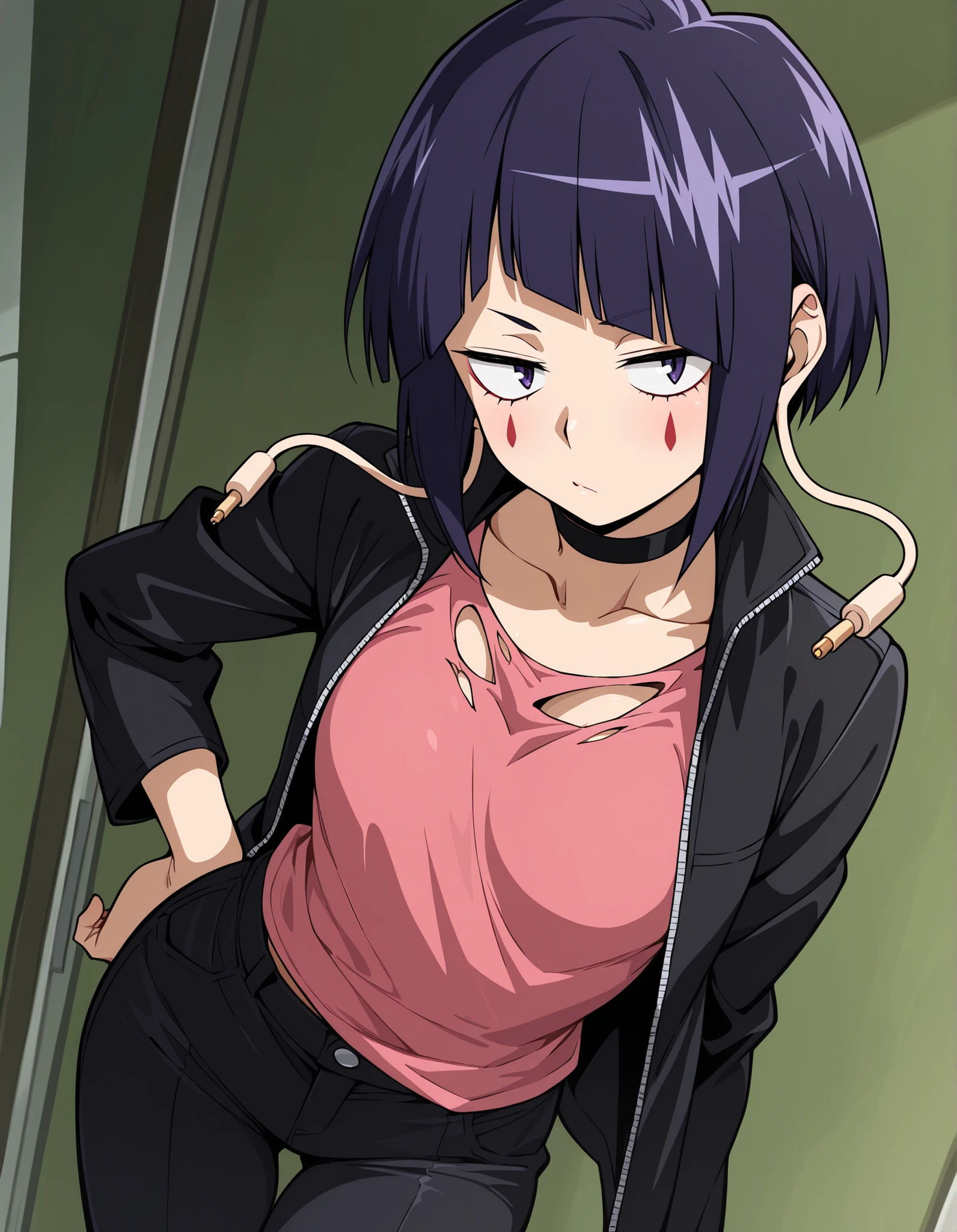 masterpiece, best quality, very aesthetic, 1girl,, newest, anime coloring,, jirou kyouka, short hair, audio jack, long earlobes, blunt bangs, dark purple eyes,, choker, black jacket, open clothes, pink shirt, torn shirt, black pants