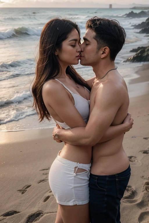 a couple of very skinny heterosexual Thai teenagers, 12 year old lovers, a very skinny straight Thai teenager of 12 years old, flirting and hugging sideways at the waist a very thin straight Thai teenage girl of 12 years old, both equal height, both with very thin bodies and slender, naked and barefoot. They face each other face to face, with their bodies pressed against each other sideways, the boy's belly touching the girl's belly and the boy's legs touching the girl's legs. Both are the same height. They face each other and look sensually, face to face, hugging each other around the waist. They are standing, stepping on the thin grass. They are on a tiny desert island in the middle of the ocean. The boy has an erect penis and the girl has a vagina. Both are completely naked. Both wear black bracelets on their arms.