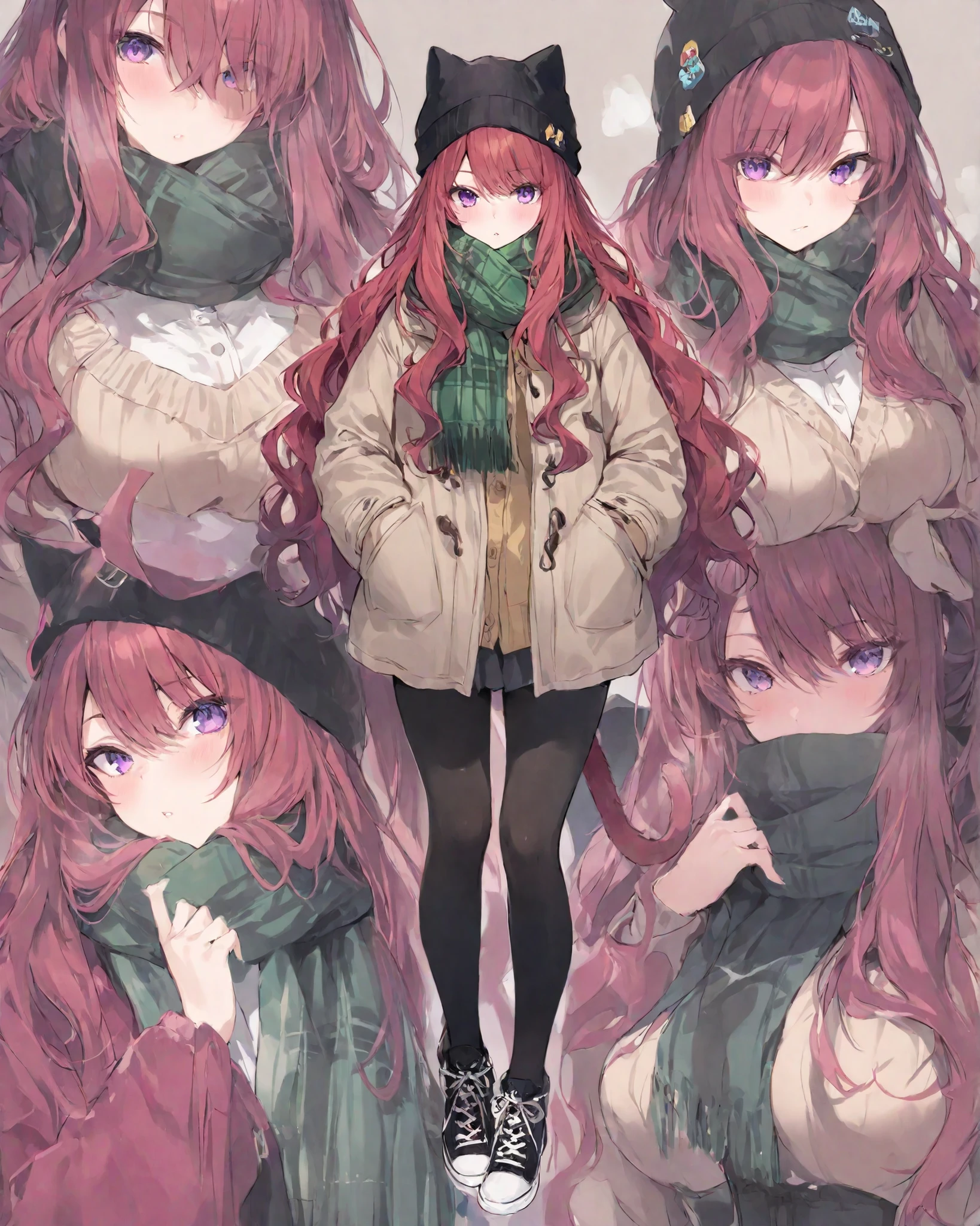 masterpiece, detailed image, perfect human anatomy, very detailed eyes, vivid colors, 4k, a beautiful woman (beautiful curves) with long red hair wavy at the ends, purple eyes, wearing winter clothes: a padded jacket light blue color at waist height, a gray winter cold hat ((leaving only the eyes out)), a large green and black plaid scarf ((covering much of the face, leaving only the eyes out)), cat ears headphones, tight black leggings, black all star sneakers, hands in the pockets of the coat, close-up, neutral background, no background, perfect lighting, ray tracing, perfect shadows