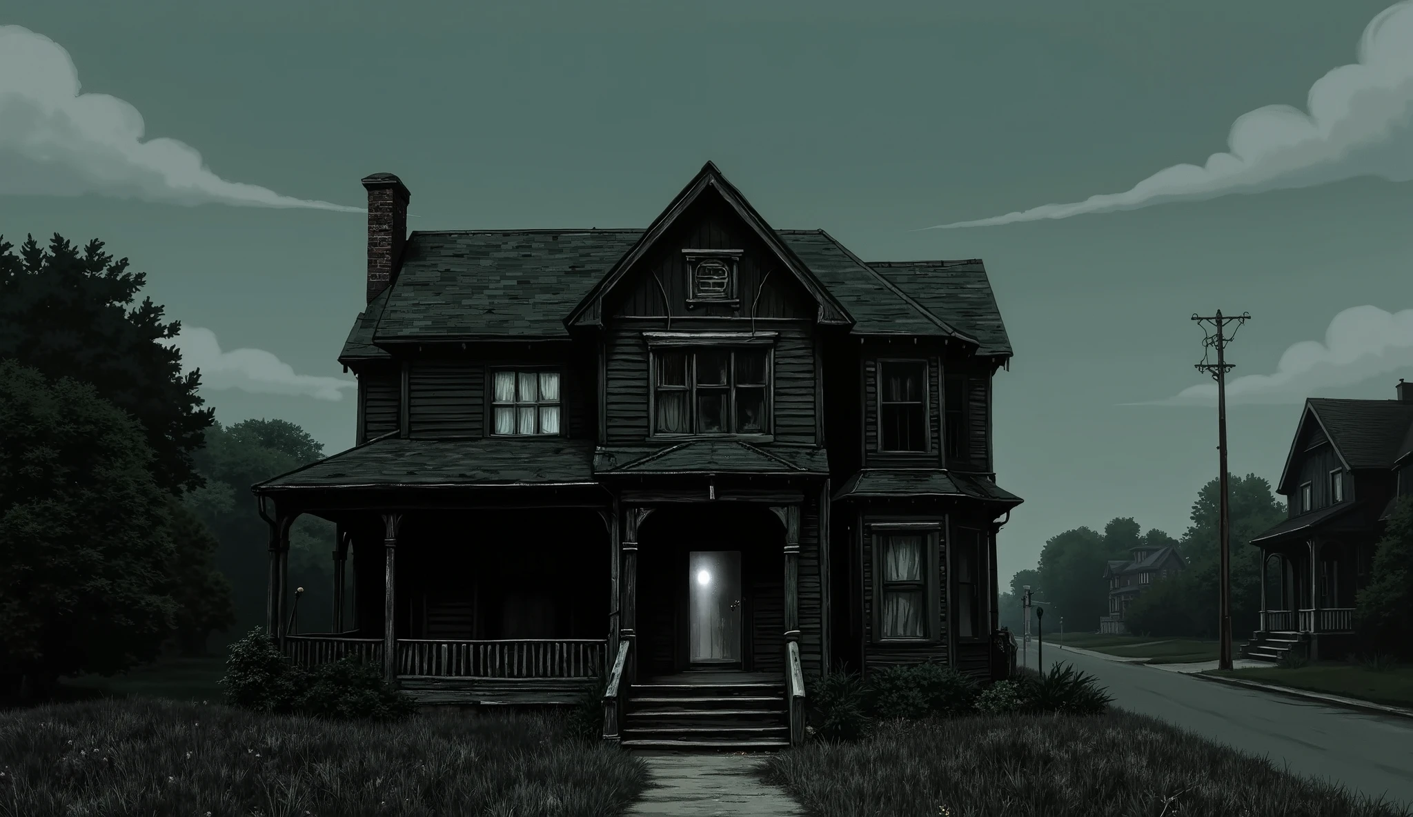 A dimly lit, abandoned suburban house in the late afternoon, overgrown weeds in the yard, dusty windows, slightly open front door, eerie stillness, faded curtains behind the windows, old wooden porch with peeling paint, cloudy sky, vintage horror atmosphere, cinematic composition, subtle backlight glow from inside the house, no people visible, empty quiet street in the background — horror background, perfect for animation, wallpaper style, muted colors, analog texture, slight film grain, 1990s anime background style.