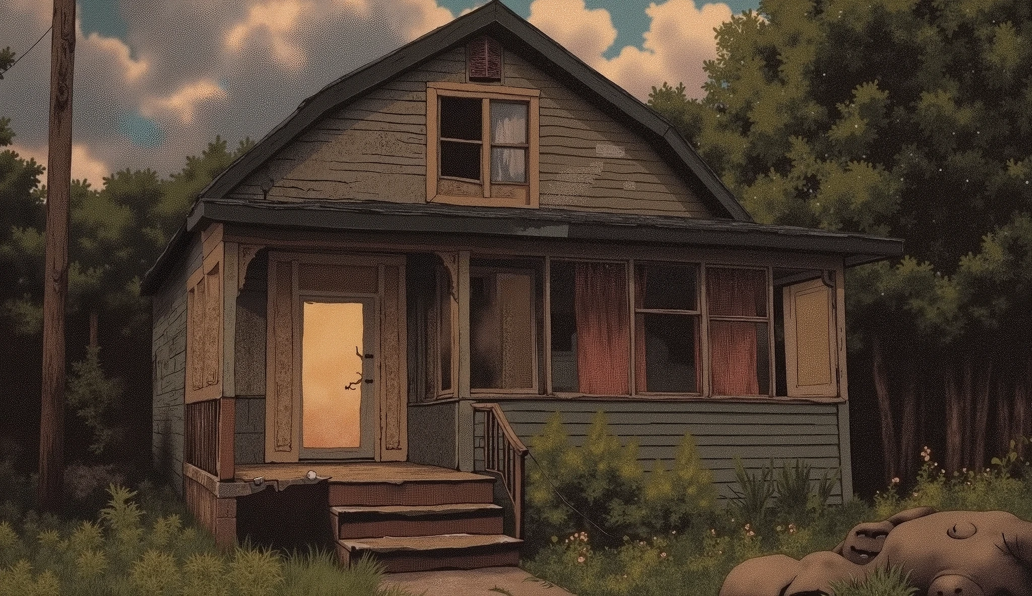 A dimly lit, abandoned suburban house in the late afternoon, overgrown weeds in the yard, dusty windows, slightly open front door, eerie stillness, faded curtains behind the windows, old wooden porch with peeling paint, cloudy sky, vintage horror atmosphere, cinematic composition, subtle backlight glow from inside the house, no people visible, empty quiet street in the background — horror background, perfect for animation, wallpaper style, muted colors, analog texture, slight film grain, 1990s anime background style.

