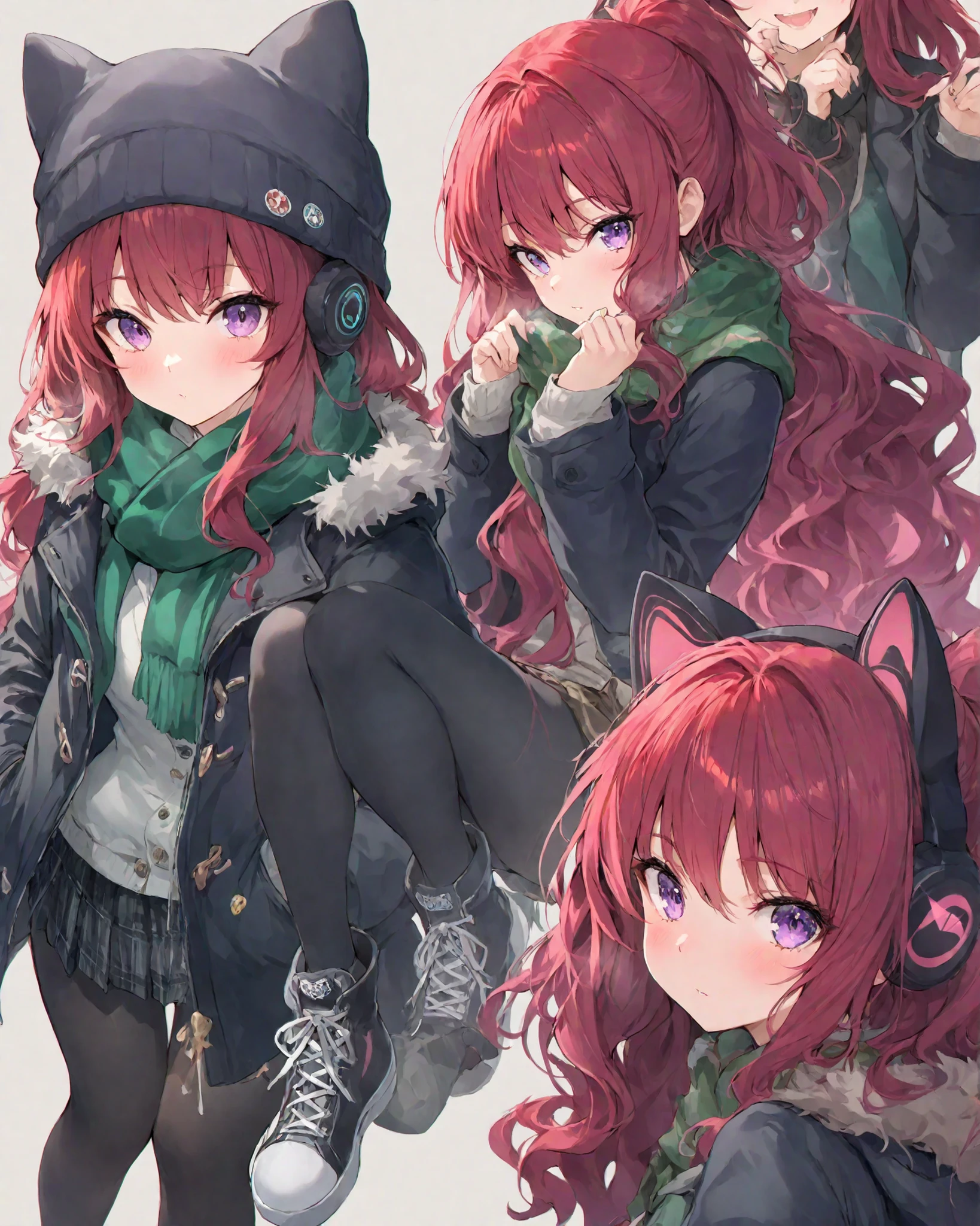 masterpiece. anime style, detailed image, perfect human anatomy, very detailed eyes, vivid colors, 4k, a beautiful woman (beautiful curves) with long red hair wavy at the ends, purple eyes, wearing winter clothes: a padded jacket ((light blue)) at waist height, a gray winter cold hat and a large green and black plaid scarf ((leaving only the eyes showing of the character covering much of the face, leaving only the eyes out)), cat ears headphones, tight black leggings, black all star sneakers, hands in the pockets of the coat, close-up, neutral background, no background, perfect lighting, ray tracing, perfect shadows