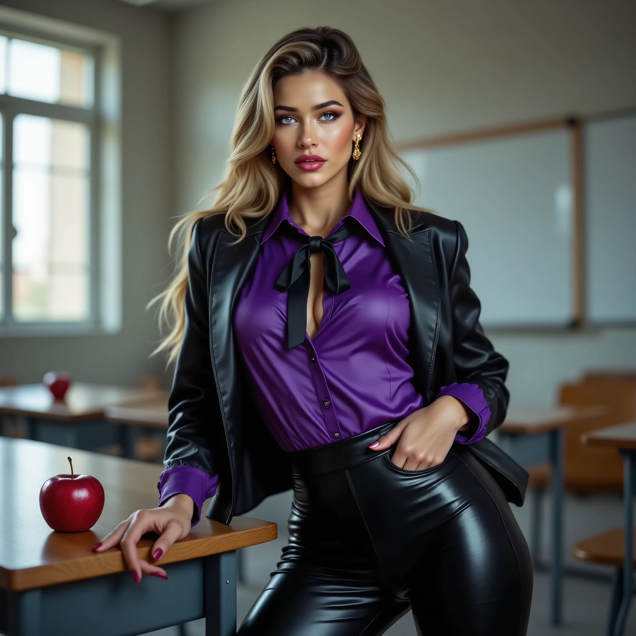 sexy blonde teacher, empty classroom, shiny pvc latex pants, purple blouse, bolero, tie, leaning against her desk, apple on her desk
