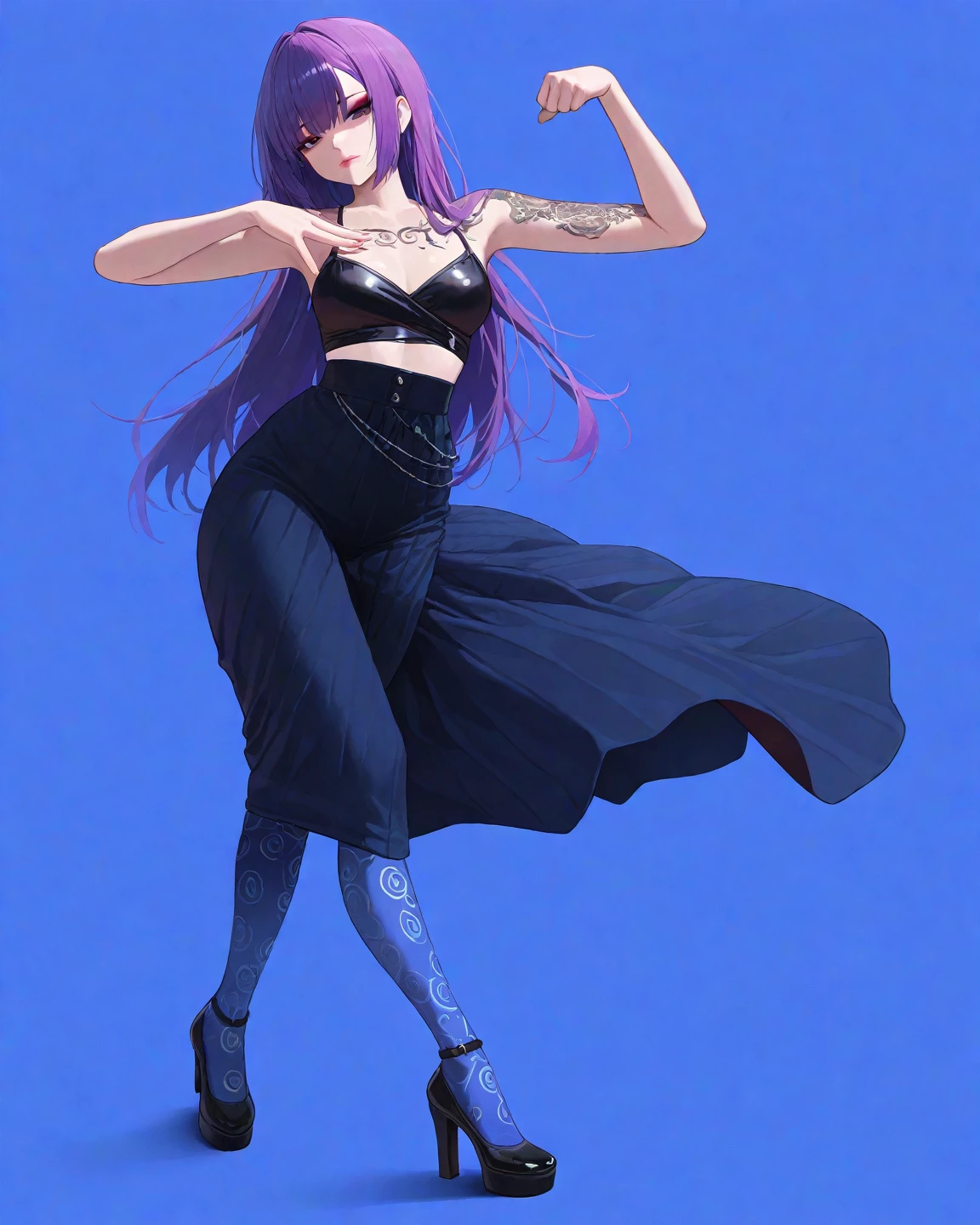 (solo), blue hair, messy hair, mane hair, extra long hair, dense hair, wild hair, expressive hair, mature, woman, (30 year old), purple skin, red eyes, wearing a blue and black suit, beautiful, attractive, eye reflection, depth of field, cinematic lighting, ray tracing, depth of field, cinematic lighting, ray tracing, UHD, high details, best quality, highres, high quality, award winning, super detail, masterpiece, 8k, UHD, high details, best quality, highres, high quality, award winning, super detail, masterpiece, 8k, digital art, anime coloring, body shot
