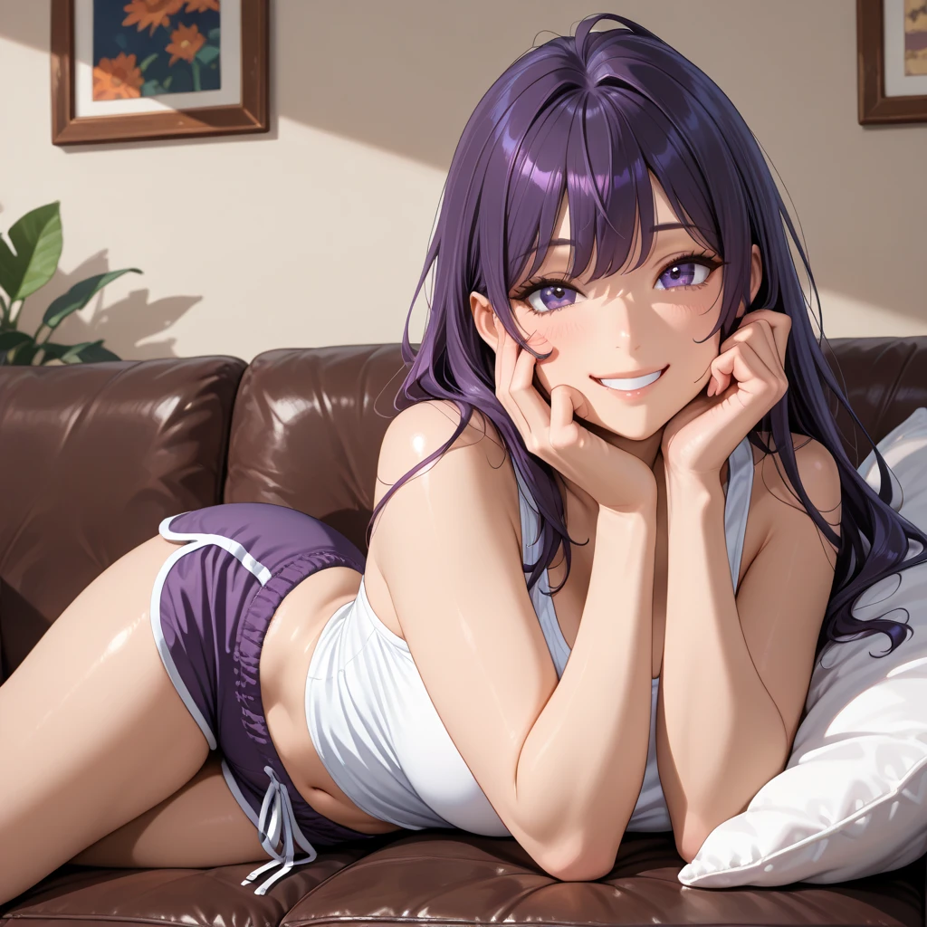 misato katsuragi, white bra, crossed legs, sit in sofa
