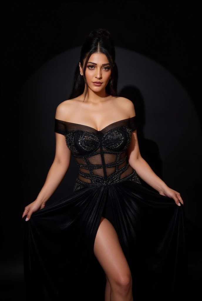 still cinematic film, full body photo of Cher, seducing gaze, ((detailed facial features)), (darkness room:1.2), (cool colours), details Intricate, Shallow depth of field, [Volumetric fog], cinematic lighting, reflections, photographed on a Canon EOS R5, 50 mm lens, f/2.8, hdr, 8k resolution
