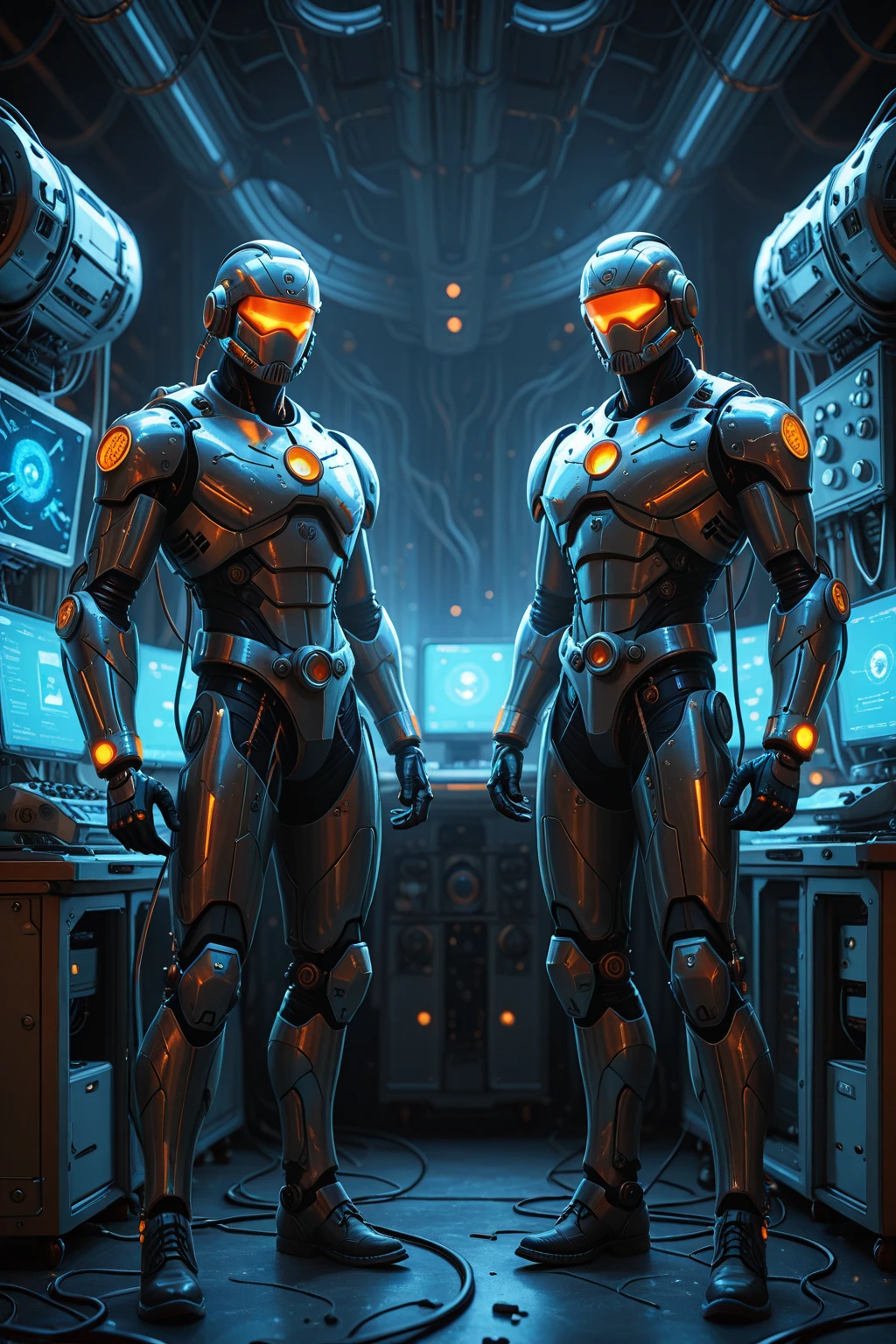 {
  "size": "1024x1024",
  "prompt": "In a futuristic laboratory setting, Neutron, wearing the same advanced armor as shown in the provided image, stands beside Proton, who is also in bright, futuristic armor. Neutron makes a balancing gesture with both hands, while a detailed holographic display shows protons and neutrons moving together within the nucleus of an atom. Proton stands nearby, emphasizing the stability and importance of the carbon atom. The laboratory is high-tech, and the holographic display clearly depicts the interaction and balance between the protons and neutrons, highlighting their cooperative role in maintaining nuclear stability."
}
