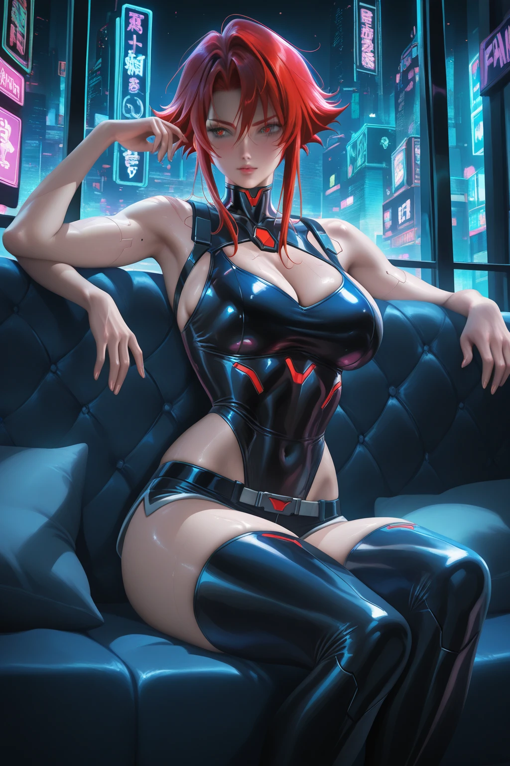 masterpiece, top quality, 16K UHD,
anime styled, tall girl, short red hair, disheveled, ojos de color azul (blue eyes), pechos grandes (large breasts), curvy figure,
sitting, in a futuristic bar, black suit contrasting against fair complexion, tight to her skin, cybernetic lens guns in hand.
The anime-styled tall girl, with her disheveled short red hair and captivating blue eyes, took a seat in the dimly lit, futuristic bar. Her curvy figure was accentuated by the tight-fitting black suit she wore, contrasting starkly against her fair complexion