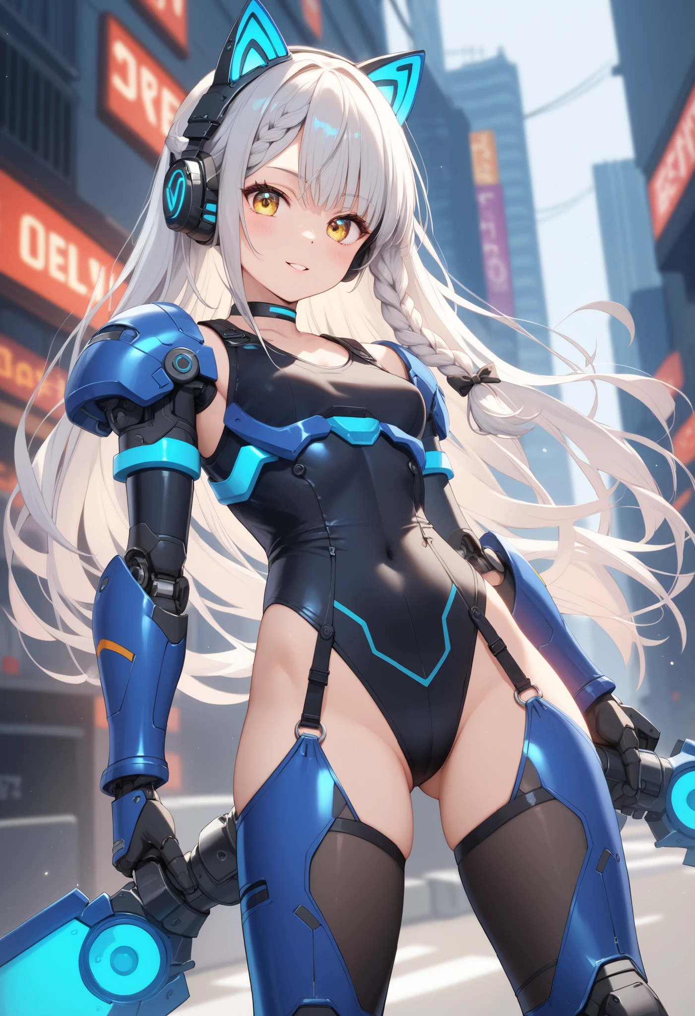 ((masterpiece:1.4、highest quality))+、(super detailed)+、
1 girl、cyberpunk city、flat chest、headphone、wavy hair、mecha clothes、(robot girl)、Cool move、Silver Bodysuit、colorful background、Wet day、(lightning effect)、Silver Dragon Armor、(cold face)、cowboy shot、pretty girl