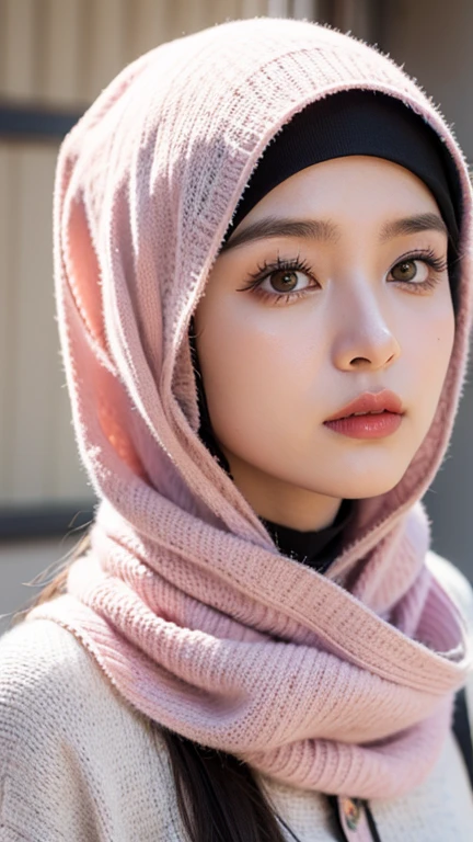 there is a woman wearing a headscarf and a pink shirt, inspired by Fathi Hassan, faridah malik, old picture, inspired by Naza, desaturated!!, inspired by Nazmi Ziya Güran, close up potrait, inspired by Shaddy Safadi, hijab, potrait, inspired by Mym Tuma, protrait