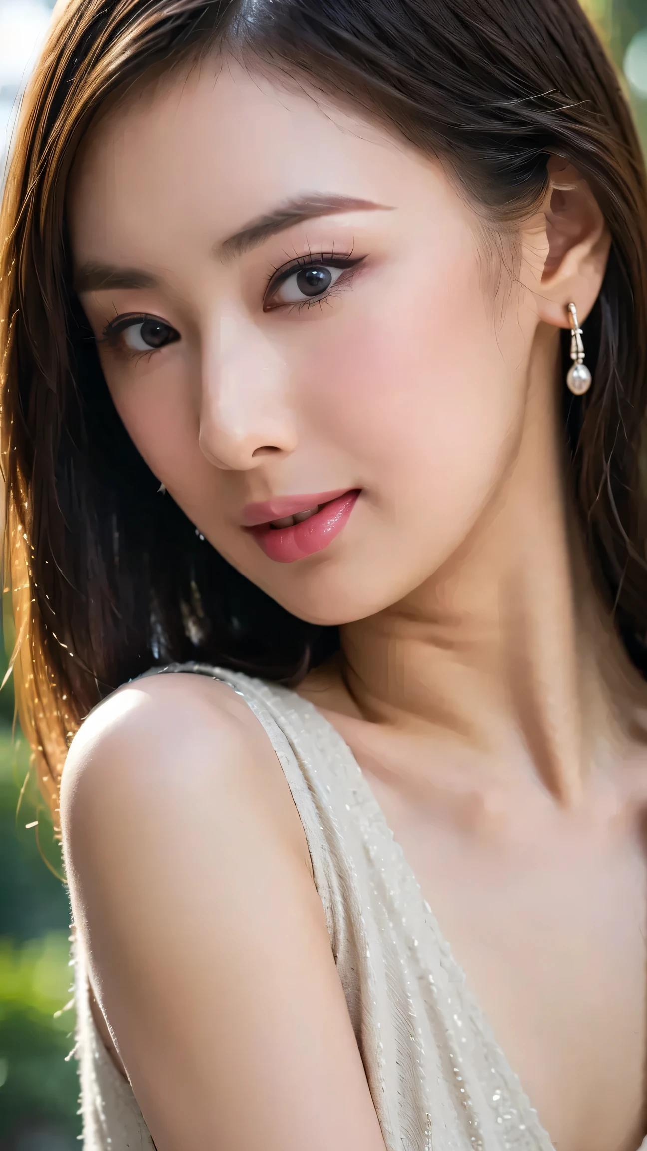 Young and beautiful,Beautiful cute girl，Half-length photo。Extremely beautiful and exquisite，Black hair，Sweet smile，（Delicate, beautiful and fair skin），Realistic and realistic，Exquisite and complete facial features，Facial details，High nose bridge，Smooth hair，Extremely fine hair，Femininity，Well-proportioned body，real，White Teeth，tie up with hair，Surrealism，sandals，Ultimate image quality,Highest precision,Precise and perfect human ???????，Blue sky and white clouds，Sunlight，(Chiffon dress)（Telephoto shooting，）Express the landscape，highlight portrait。In the luxury villa。Wearing earrings，