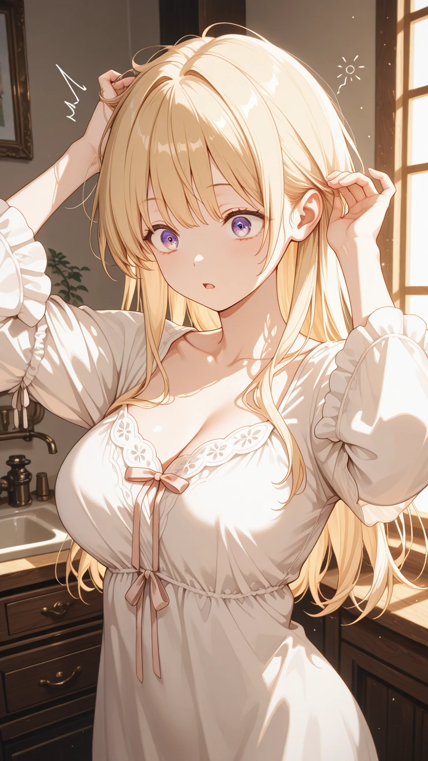 Tabletop, highest quality,figure, wallpaper, Super detailed, Absurd beauty、Lying down、Sloppy、Laziness、A relaxed expression、((1 beautiful girl、16 years old))、(Blonde、Long Hair、Braided hair、Wavy Hair、Being lazy、Breasts protruding from clothey Room、Casual attire、Summer clothes、Loungewear、evening、Backlight、The window is open
