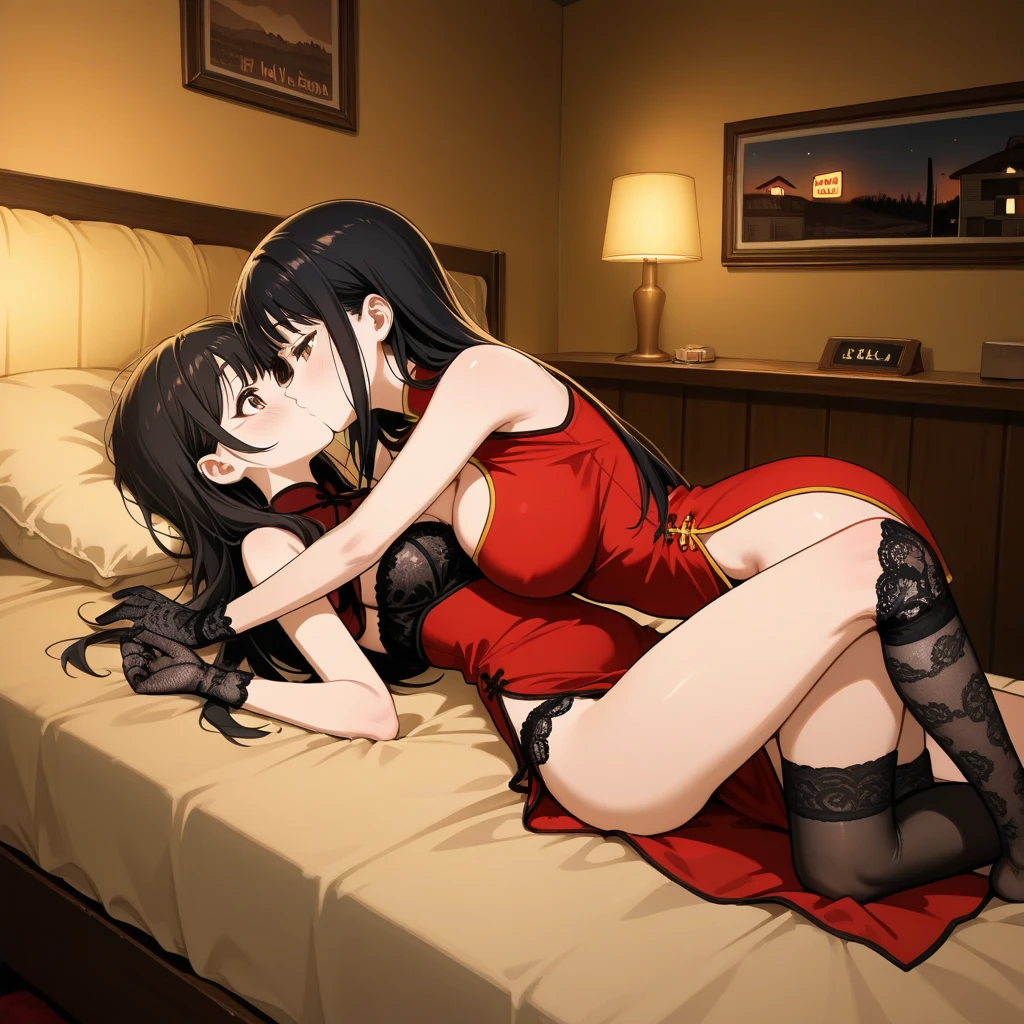 A Cat female adult, wide breasts, black ears, black fur, black hair, black eyes with red pupils, very sexy, lying down, having sex with a male wolf