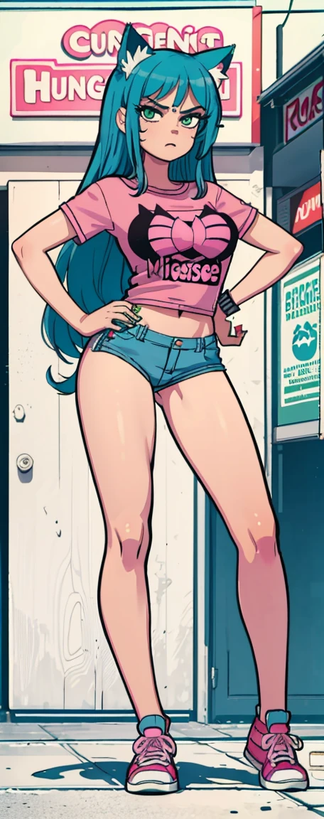 trans Male to female, plump pursed lips, freckles, long curly ginger hair with bangs, crystal blue eyes with smoky eye shadow and black eyeliner, black semi-matte lipstick, pale to showing ass, flirty smug smile, denim shorts, big butt