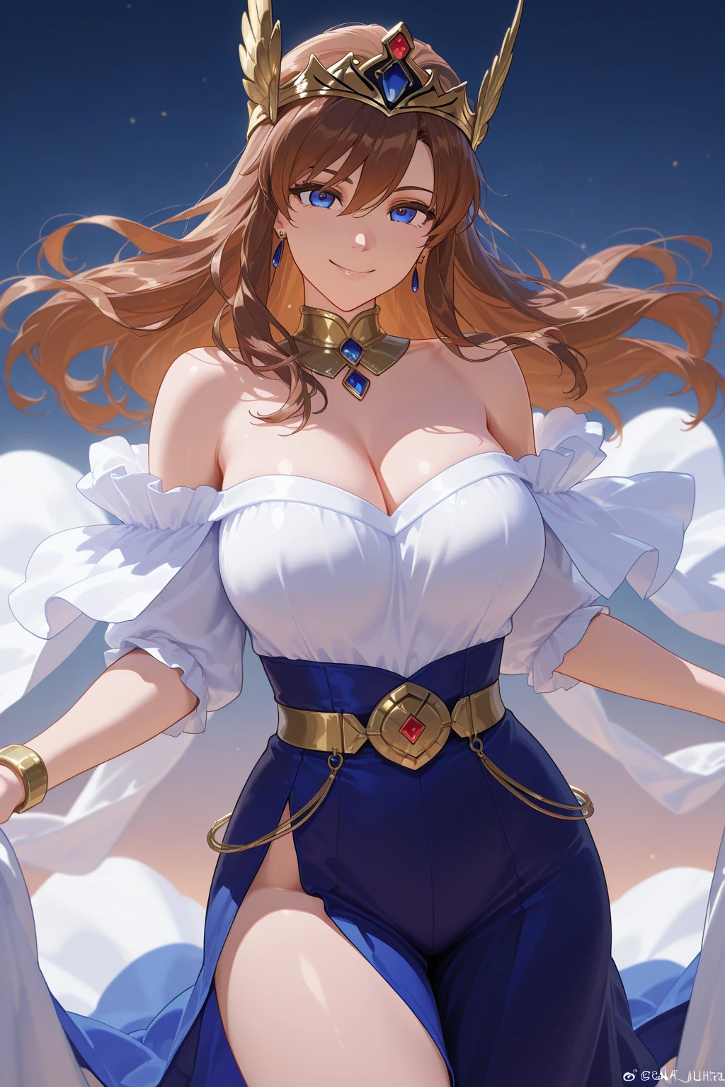 Priestess, mature woman, elegant, brown hair, blue eyes, casual clothes, crown, white cape, fur trim, portrait, upper body, curvaceous, 4k resolution, high quality,skirt lift,show off pink panties,