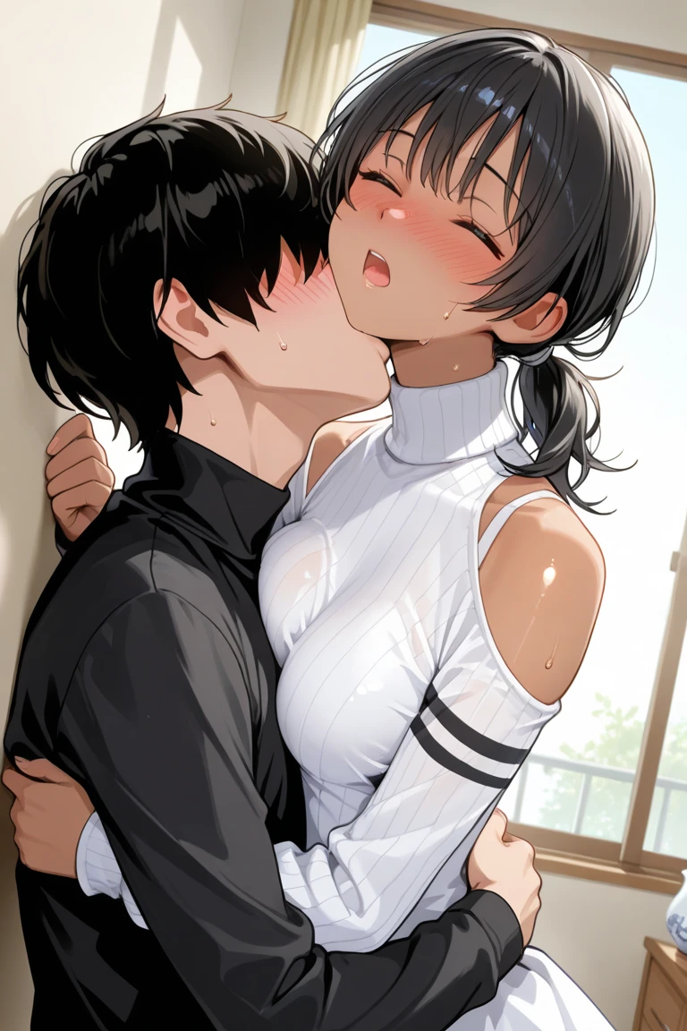 (man and woman kissing:1.6), (French kiss:1.6), (masterpiece, Best Quality, high resolution, nffsw, Perfect Pixel, depth of fields, 4K), , Perfect body, , (boy and girl:1.6), (2 human in picture:1.6) , jirou, short hair, purple hair, blunt bangs, sidelocks, purple eyes, long earlobes, , pink shirt, torn shirt, black jacket, pants, , black choker,, (large boob:1.2) , nsfw,(ecstasy:1.3) ,(slut:1.2),(vulgarity:1.3),(fucked silly:1.1),(steam:1.1),(wet:0.8),(trembling:0.8),(tears:0.7) ,(drooling:0.6),(sweat:0.8), wince,(orgasm:1.5), , (nipples:1.4), , ,,(hardcore,sex:1.4), (blush:1.6)