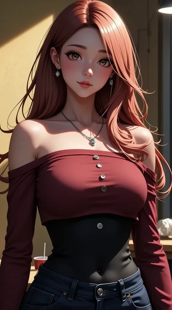 Lucy Pinder, portrait, face portrait, straight hair, maroon hair, hoop earrings, long sleeve crop top, black crop top, cleavage, black pants, smiling, red lips, voluptuous