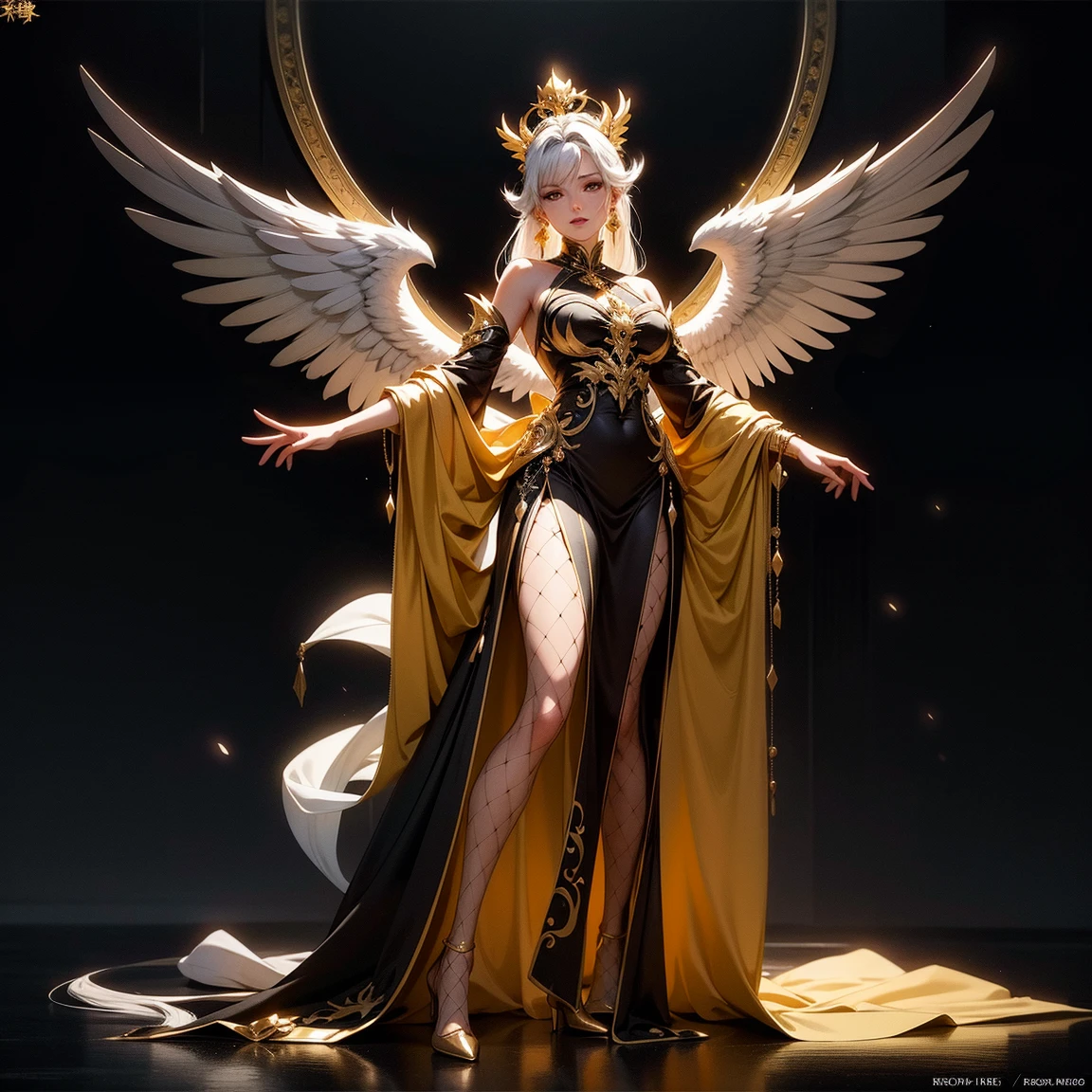 araffierte junge Frau in einem goldenen bauchfreien Federkleid, white glowing angel wings, helle Lichter und Funken, Anime Goddess, Unreal-Engine-Rendering + a goddess, 3-D-Rendercharakter Kunst 8 K, render of a cute 3d anime girl, Artgerm, 3D-Unreal-Engine, Anime sehr detailliert, 8k hochwertige detaillierte Kunst, Goddess. Extrem hohe Detailgenauigkeit, photorealistic anime girl render, Goddess of Light
