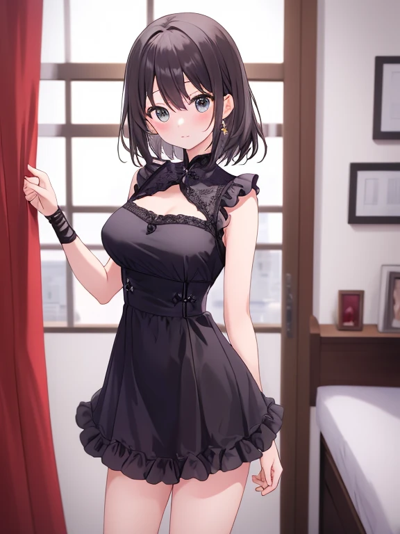 (1 girl standing with open legs very wide:1.3), (wiry corset cinches waist too tight:1.1), (inconceivably thin narrow waist:1.2), frilled (too short miniskirt:1.3), thin long legs apart, open long legs wide, (large perky breasts:1.3) lifted up, cleavage, collarbone, very short torso