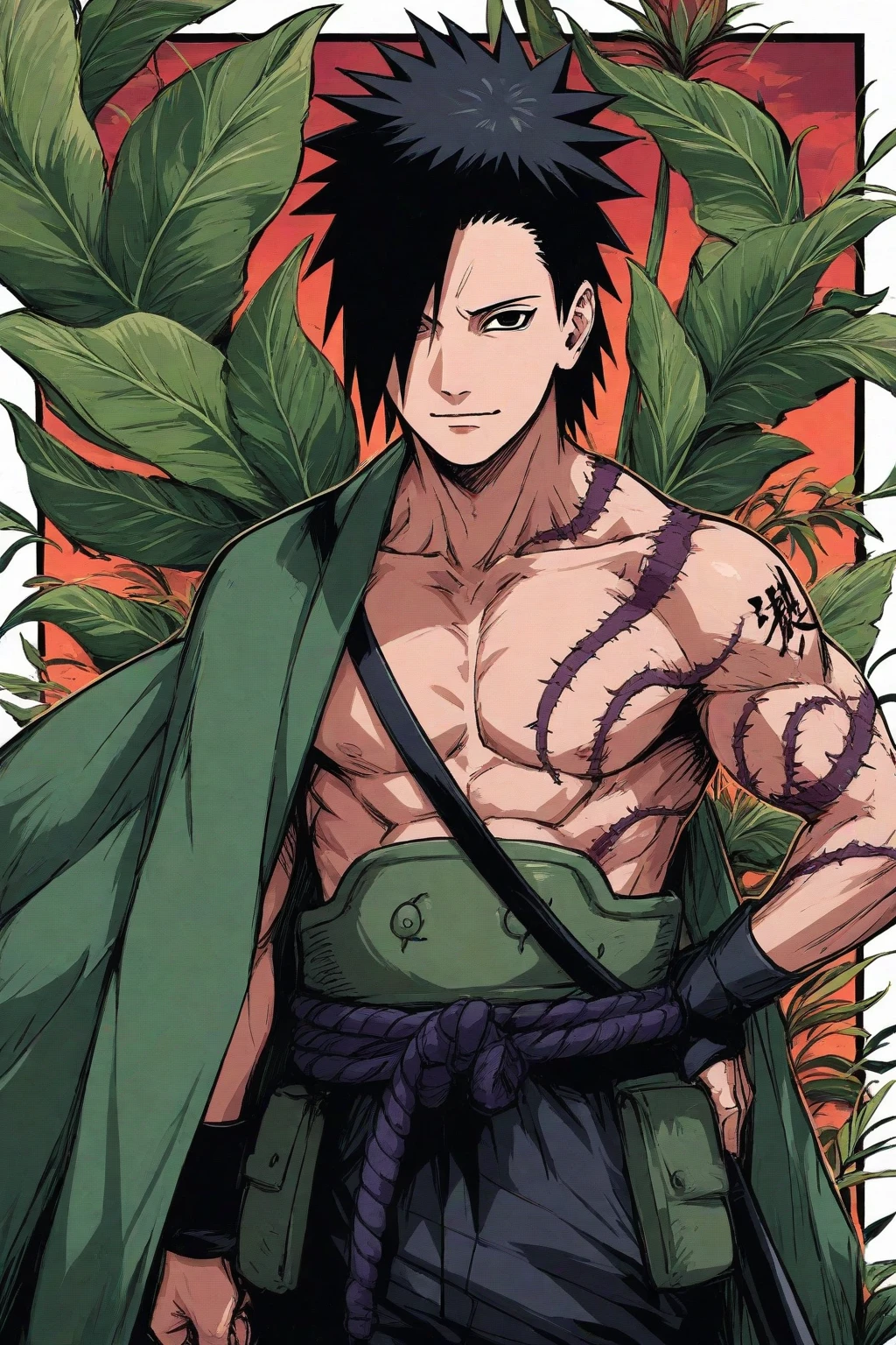 Shikamaru Nara, a character from the anime Naruto, in a quiet and strategic scene. He is sitting in a grassy field under a clear blue sky, with some white clouds slowly passing by. Ao redor dele, there are tall, leafy trees, and the sunlight filters through the leaves, creating a pattern of shadows on the floor.
Shikamaru is in his classic thinking pose, with one hand supporting the chin and the other resting on the knee. He wears his typical ninja outfit from Vila da Folha, with the bandana tied around his forehead and the green Chunin vest. Your gaze is focused and thoughtful, showing your intelligence and strategic planning ability.
Next to you, there is a partially played shogi board, symbolizing his passion for mind games and strategy. Behind him, the shadows of the trees seem to form silhouettes of hands, representing his skill with shadow manipulation jutsu.
The surrounding environment is serene and peaceful, with a light breeze that gently moves the grass and leaves. The image conveys a feeling of calm and reflection, capturing the essence of Shikamaru's relaxed and calculating personality.