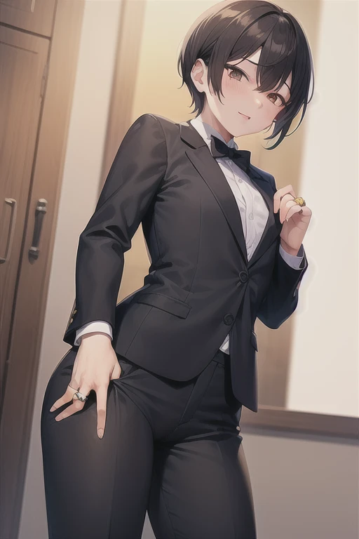anime screenshot, 21 year old girl, shy, White shirt, wine colored skirt, black mid thigh stockings, voluptuous body, small waist, fair and flushed skin, short black hair above the shoulders, 4 pompadour hairstyles and short hair on the sides. method, full body view Someone not seen in the image is taking off his clothes.