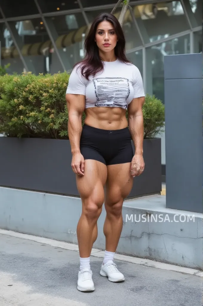 (Muscular:1.7), (large round breasts:1.4), (large muscular chest and shoulders:1.1), (tween girl:1.9), FEMALE, brown hair, long brown hair, (big smile:1.6), (wearing a tight sports jersey and shorts:1.5), looking at viewer, (three quarter view:1.2), upper body view, (sports turf field:1.6), dark lighting, detailed skin, detailed eyes, (clean skin:1.5), (tiny waist:1.5), exaggerated hourglass physique, (huge body muscles:1.6), (one protagonist:1.5),