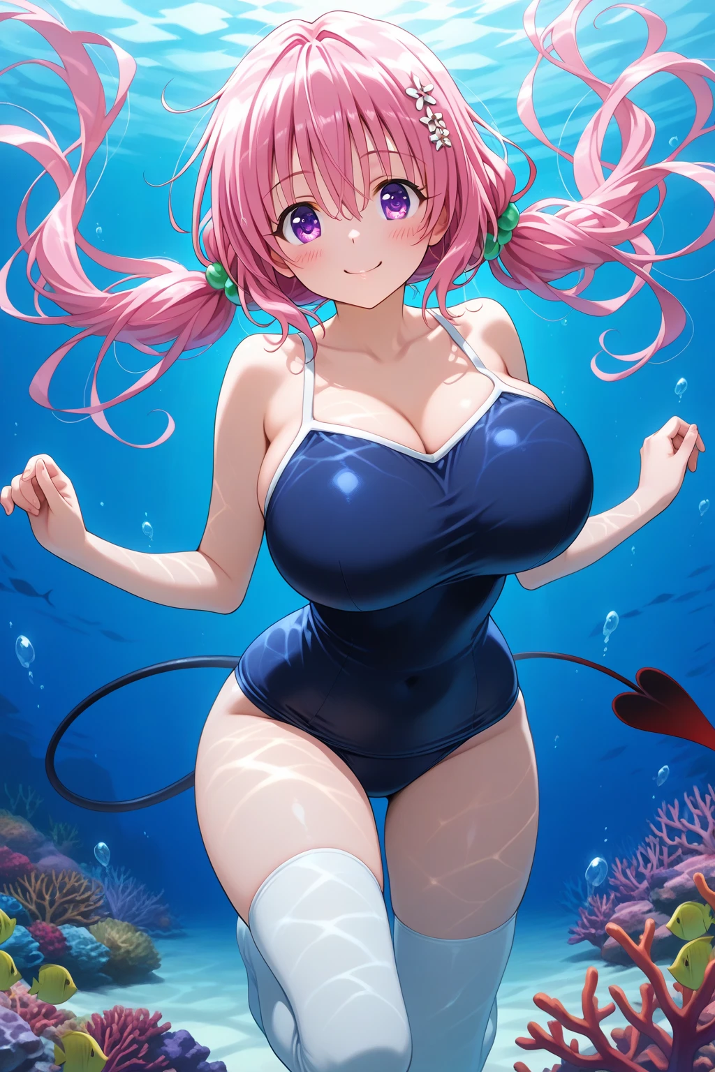 Cute anime girl with pink and cotton candy blue hair, hugging a jellyfish plush, wearing a blue bikini with big boobs big butt