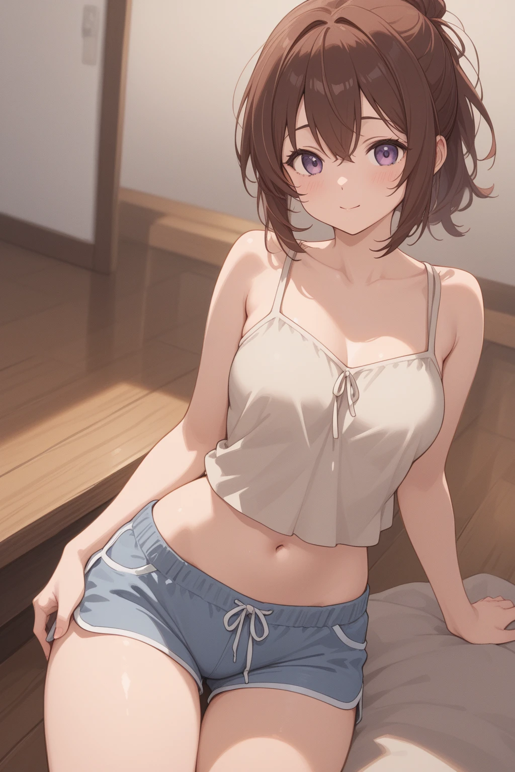 ogiwara sayu, bra, nsfw, masterpiece, solo, 1 girl, navel, necklace, brown hair, brown eyes, smiling, bare stomach, sweaty, sitting, bed, socks, texts, bare arms, collarbones, smiling, , pleated skirt, medium breasts, living room, slim waist, detailed eyes, beautiful eyes, slim waist, atmospheric camera