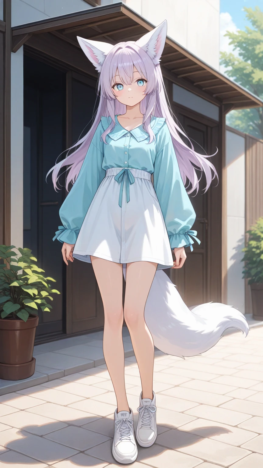 score_9, score_8_up, score_7_up, source_anime, 2D, anime BREAK
outdoors,
casual_clothes, 1girl, solo, breasts, looking at viewer, blush, smile, bangs, blue eyes, shirt, long sleeves, animal ears, medium breasts, blue hair, tail, one eye closed, collared shirt, pants, hand up, petals, horse ears, blue shirt, horse girl, horse tail, white pants, shirt tucked in, high-waist white pants, (sports shoes), full body, white shoes, standing,
<lora:K.S.Miracle-ponyXL:1>,