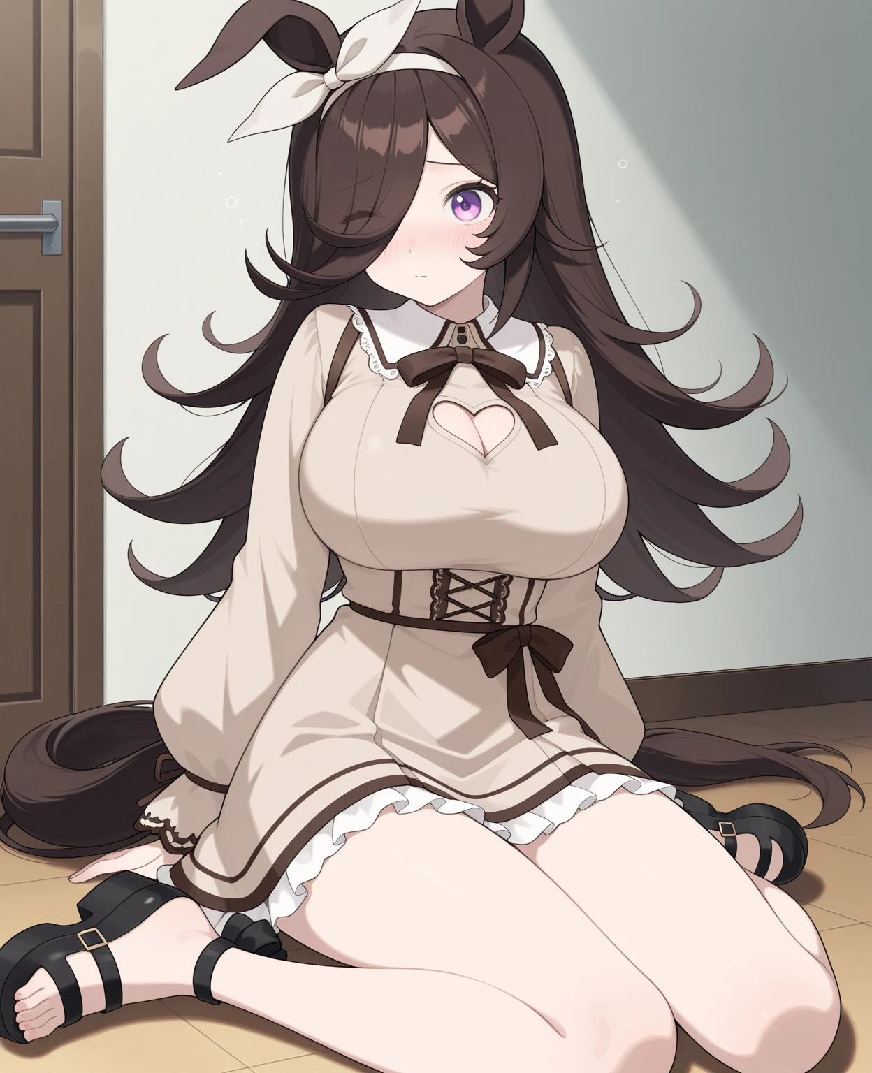 ((best quality, 8k, masterpiece: 1.3)), sharp: 1.2, perfect body beauty: 1.4, slender abs: 1.2, ((layered hairstyle, big breasts: 1.2)), (bandeau dress white: 1.1 ), city streets: 1.2, highly detailed facial and skin textures, detailed eyes, double eyelids, long brown hair, thin dress, hands behind, squatting, slightly revealing panties, revealing cleavage.