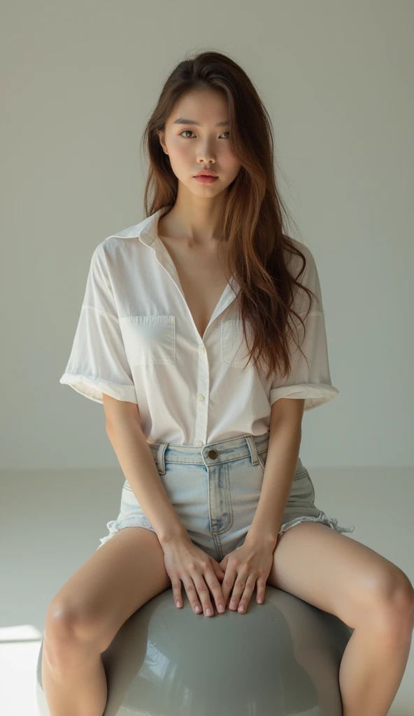 ((Highest quality, 8K, masterpiece :1.3)), Sharp focus :1.2, Beautiful woman with perfect figure :1.4, 1 Girl,Slim Abs :1.2, ((Dark brown hair,chest :1.2)), (White long formal shirt)(Unbutton your shirt.), Gray background:1.2, Highly detailed face and skin texture, fine grain, double eyelid,Beautiful Hands，Five Fingers,Fashion model posing,Full body portrait,Cowboy Shot,jeans,Cast a Shadow,
