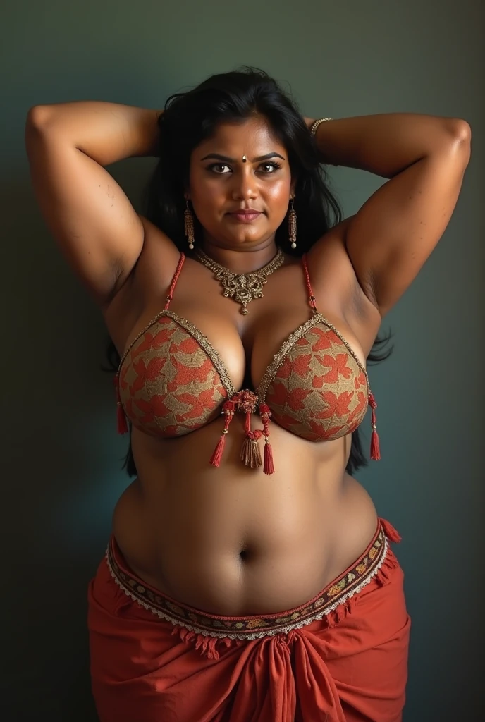 Indian woman masterpiece, best quality, ultra-detailed, (warm hue, warm tone: 1.2), wearing longer bra and petticoat, 20 years old, (chubby cheeks:1.1), (curvy body:1.2), (bindi), An Indian beauty, charismatic, light Indian- skin, view the viewer, naughty smile, Indian village,fat Chubby big Cleavage cinematic light, side lighting, ultra high resolution, best shadow, RAW, seductive look, 4k