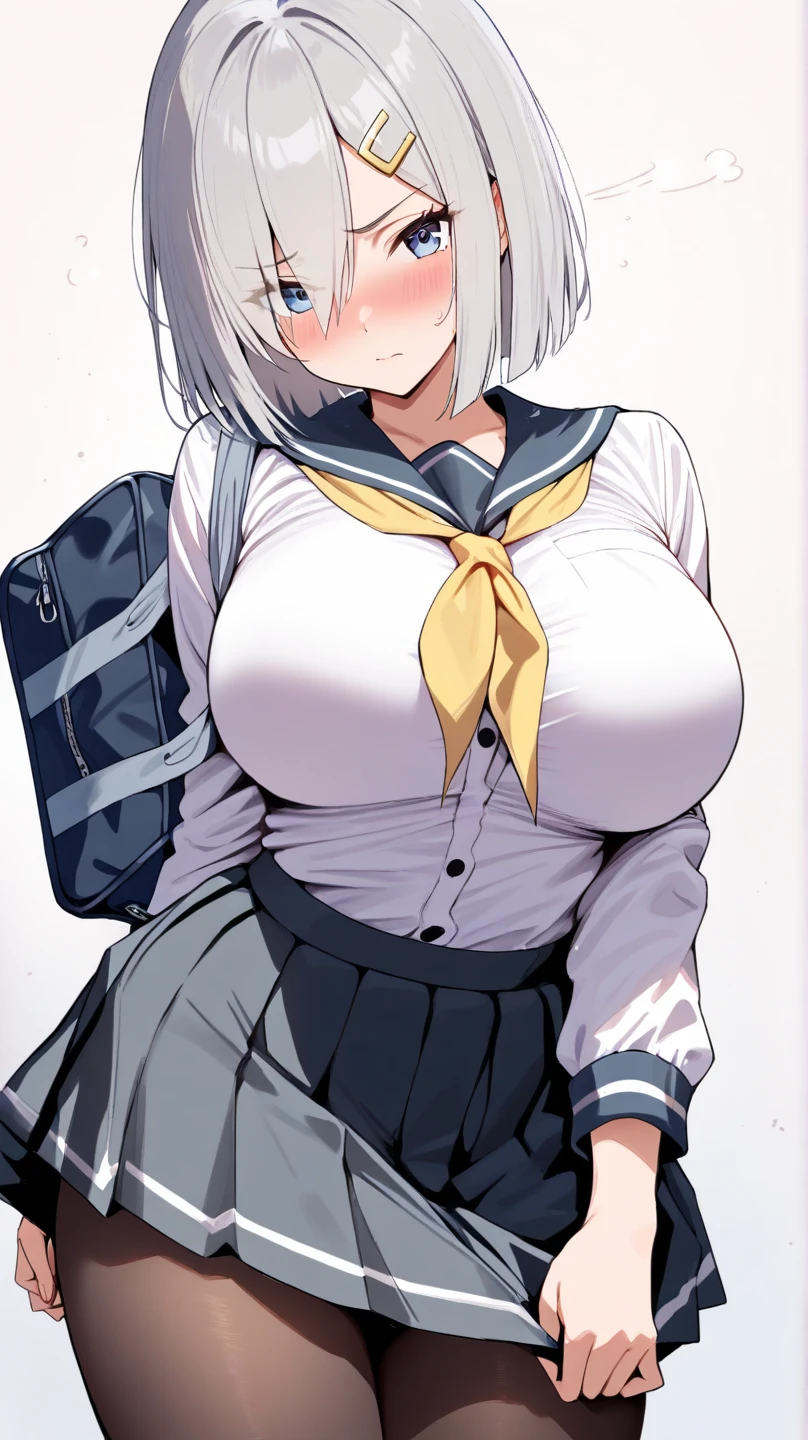 (((Little girls,))) (((children,))) lolicon bodies,,1girl in, masutepiece, Best Quality,Troubled face,Nikkeadomi,very short Pleated skirt, Hair Ornament, bowtie, Sweater Vest, blush, grey sweater, yellow bowtie,backpack, White socks,((nikkeadmi)),nsfw,((solo girl)),((Perfect body,))((Super beautiful,))((High quality,)), ((sweaty,wet all over,Steam,blush,Shiny,))love hotel room,cowboy shot,Looking at Viewer,gigantic breast,half open eyes,(((very short pleated skirt,Pleated skirts that are too short and expose underwear,))),(lovejuice dropping crotch,)standing,sexual white underwear,(from below,)