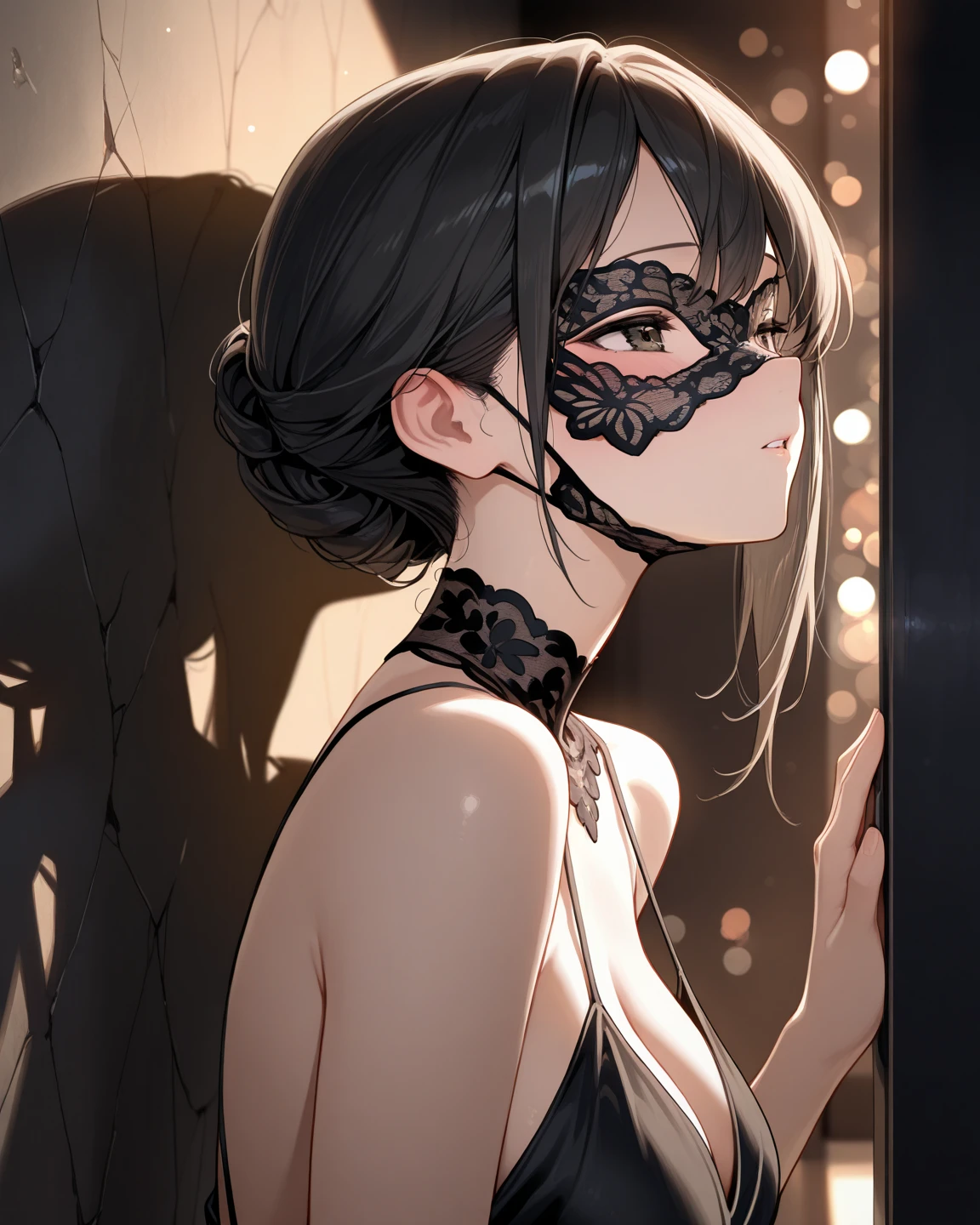 ((Top quality, masterpiece, freak, super resolution)), 1 girl, Japanese model,16 years old,Smooth black hair,(Bold lace blindfold with fine pattern:1.2),(Halter neck bra) front: featuring a central lace-up design, cups covered in delicate floral lace, providing high support. (Panty) front: simple design with thin side straps, color: red, pattern: intricate floral lace on the bra cups and panty front. (Halter neck bra) back: tied at the neck with an open back, lace decoration, color: red, pattern: lace accents, (Panty) back: G-string style, very simple with no pattern. This lingerie set is characterized by its elegant and sexy design. (Halter neck bra) front: featuring a central lace-up design, cups covered in delicate floral lace, providing high support. (Panty) front: simple design with thin side straps, color: red, pattern: intricate floral lace on the bra cups and panty front. (Halter neck bra) back: tied at the neck with an open back, lace decoration, color: red, pattern: lace accents, (Panty) back: G-string style, very simple with no pattern. This lingerie set is characterized by its elegant and sexy design. (Halter neck bra) front: featuring a central lace-up design, cups covered in delicate floral lace, providing high support. (Panty) front: simple design with thin side straps, color: red, pattern: intricate floral lace on the bra cups and panty front. (Halter neck bra) back: tied at the neck with an open back, lace decoration, color: red, pattern: lace accents, (Panty) back: G-string style, very simple with no pattern. This lingerie set is characterized by its elegant and sexy design.